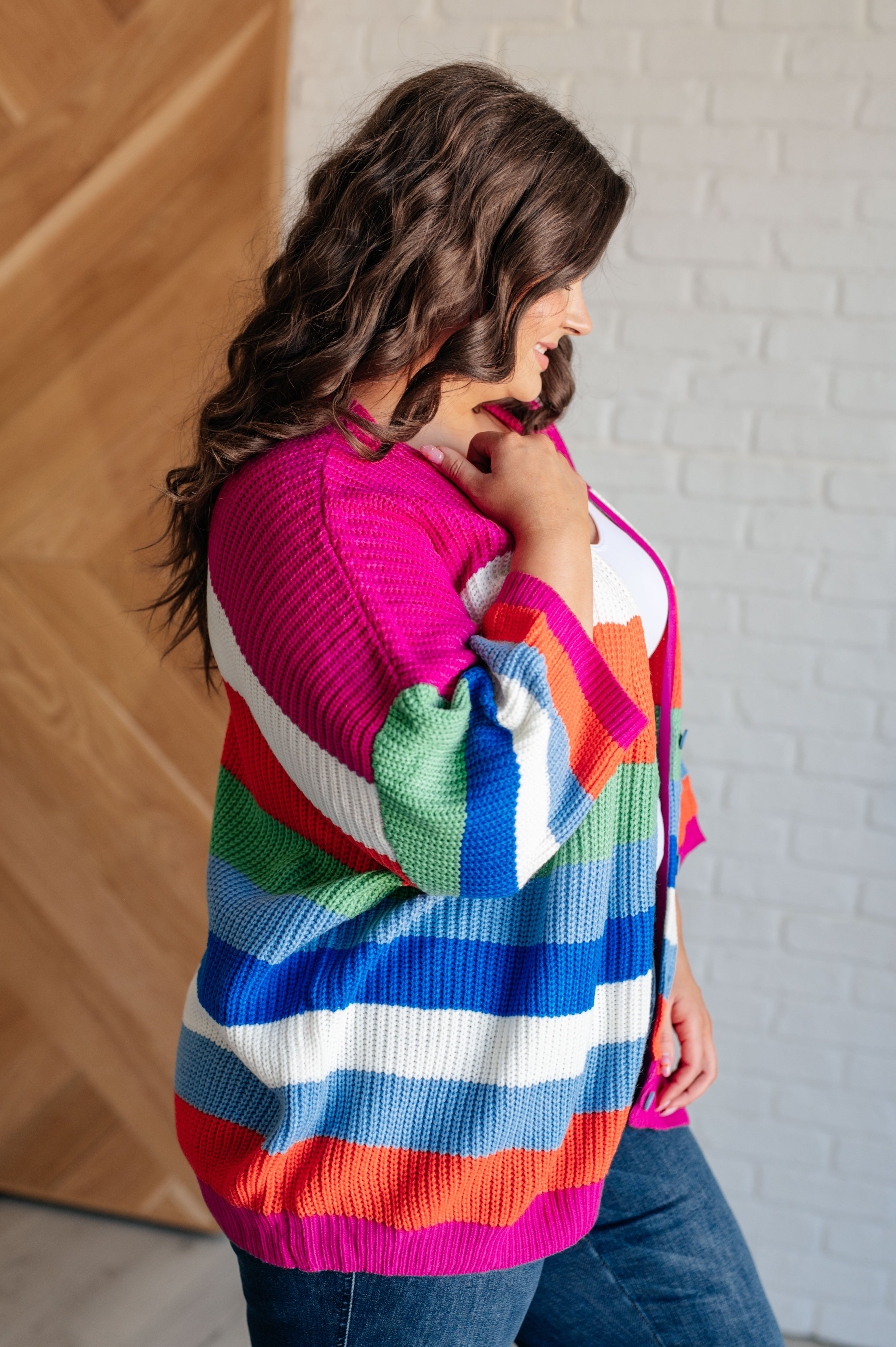 BiBi Bold Flirt Multi Color Stripe Button Down Cardigan Cardigan