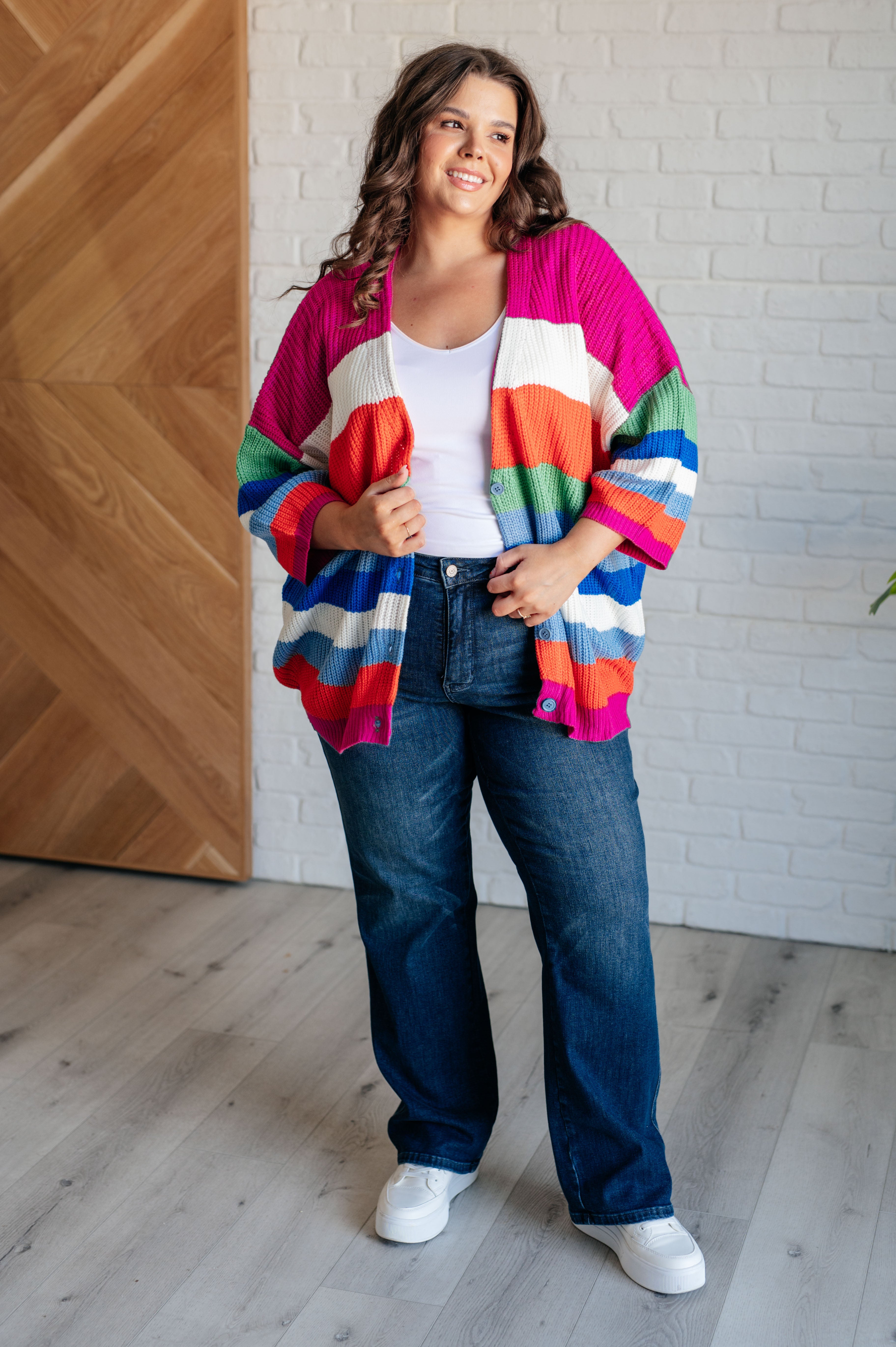BiBi Bold Flirt Multi Color Stripe Button Down Cardigan Cardigan