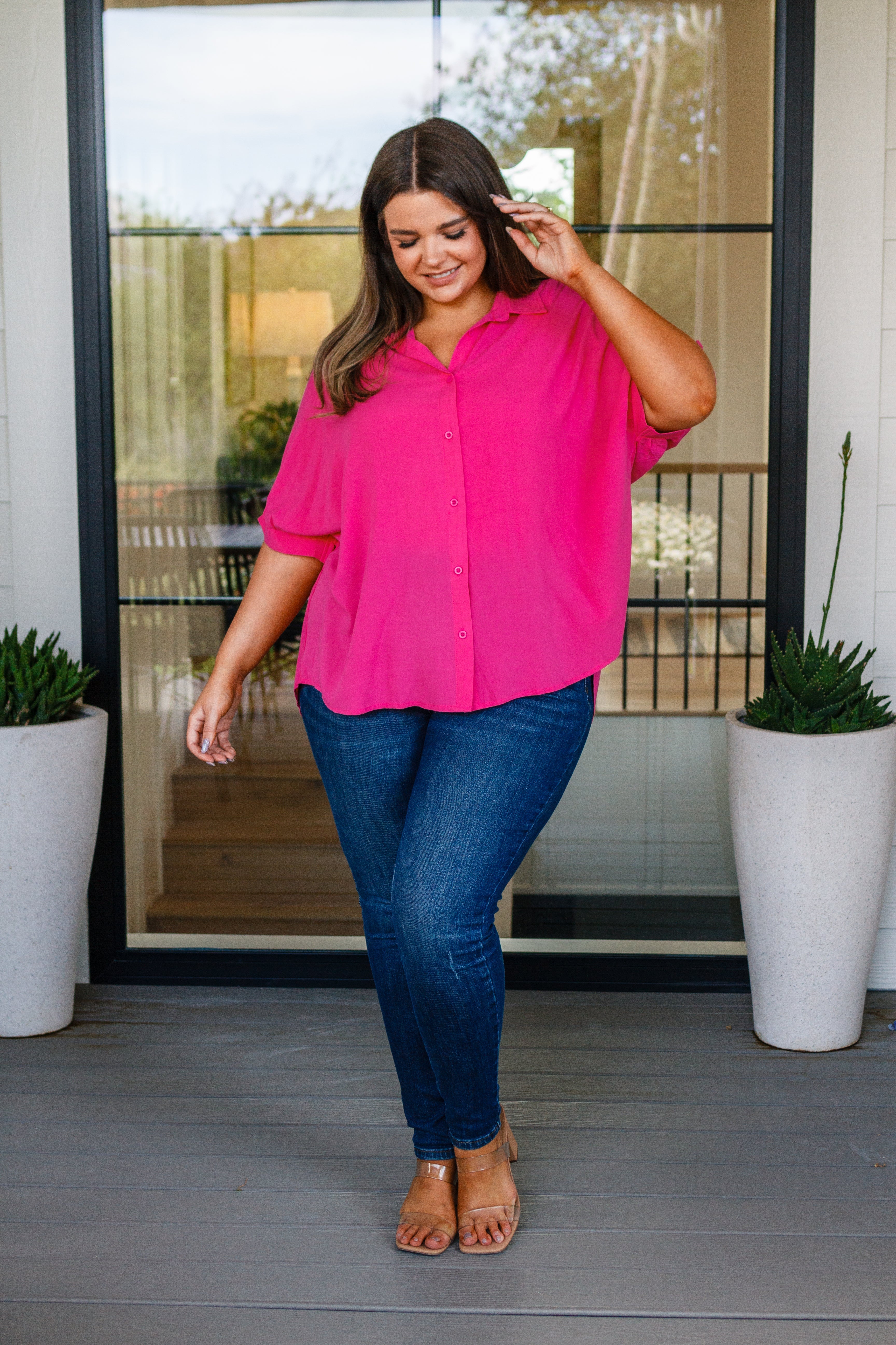 One Eleven North Bounding Beauty Button Down Magenta Blouse Womens