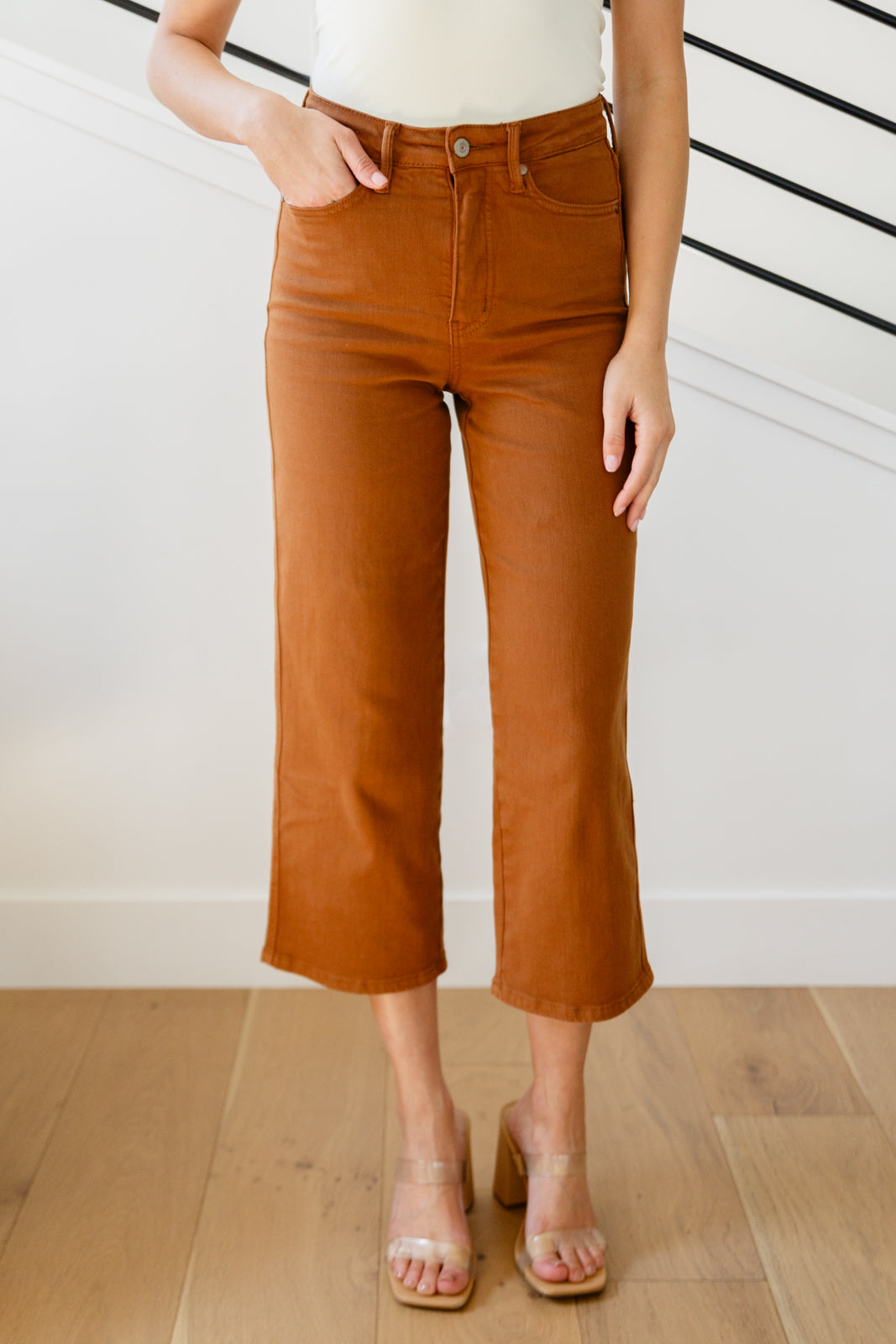 Judy Blue Briar High Rise Control Top Wide Leg Crop Jeans in Camel Denim