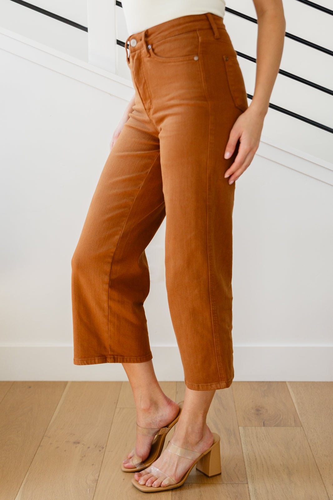 Judy Blue Briar High Rise Control Top Wide Leg Crop Jeans in Camel Denim