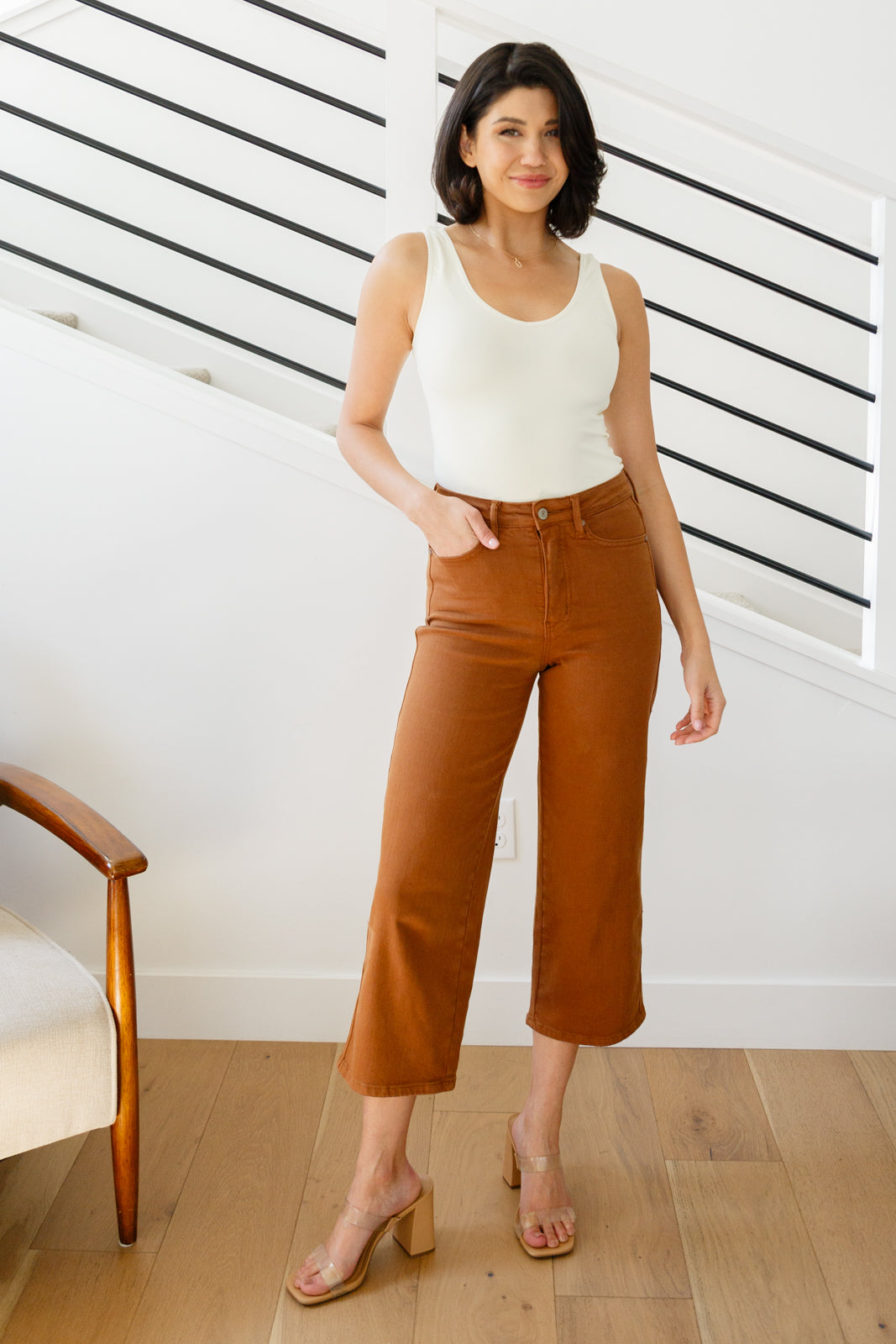 Judy Blue Briar High Rise Control Top Wide Leg Crop Jeans in Camel Denim