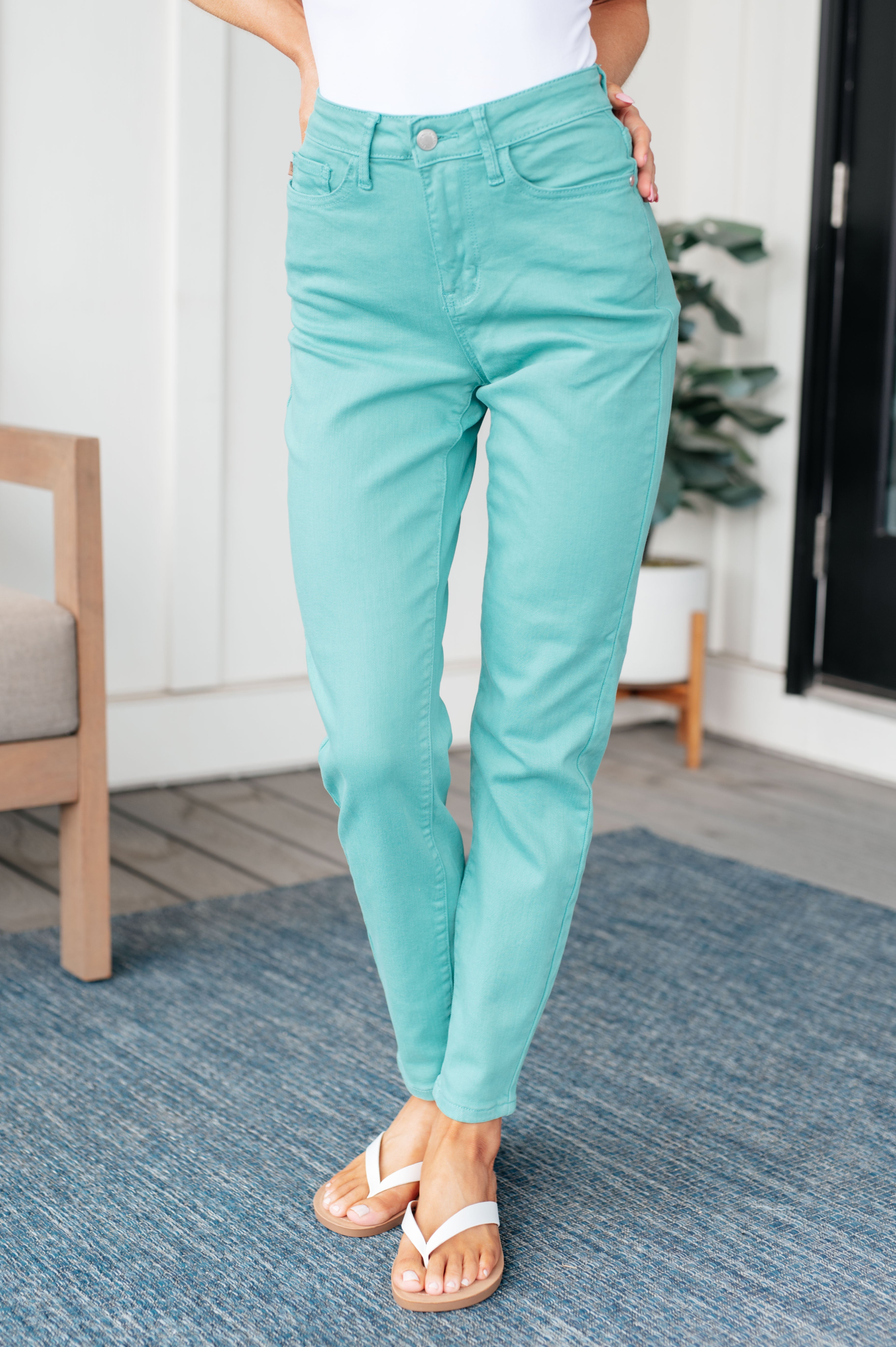 Judy Blue Bridgette High Rise Garment Dyed Slim Jeans in Aquamarine Jeans