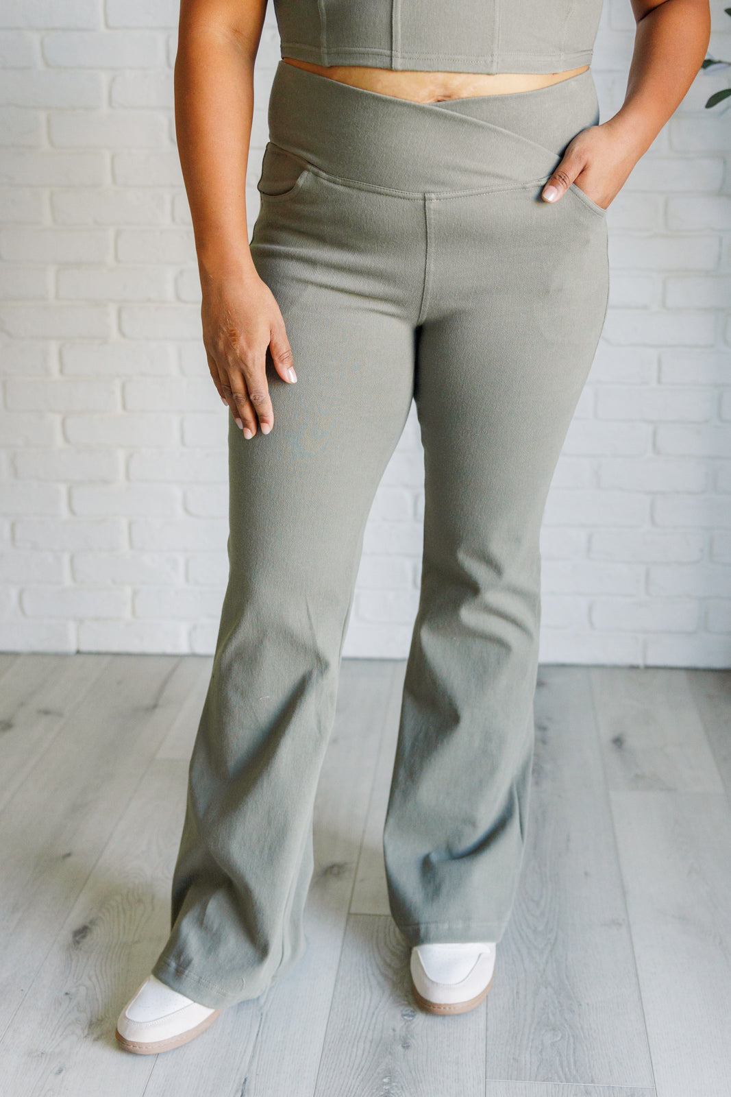Rae Mode Building Habits Twill Flared Crossover Waist Pant in Dusty Olive Pants