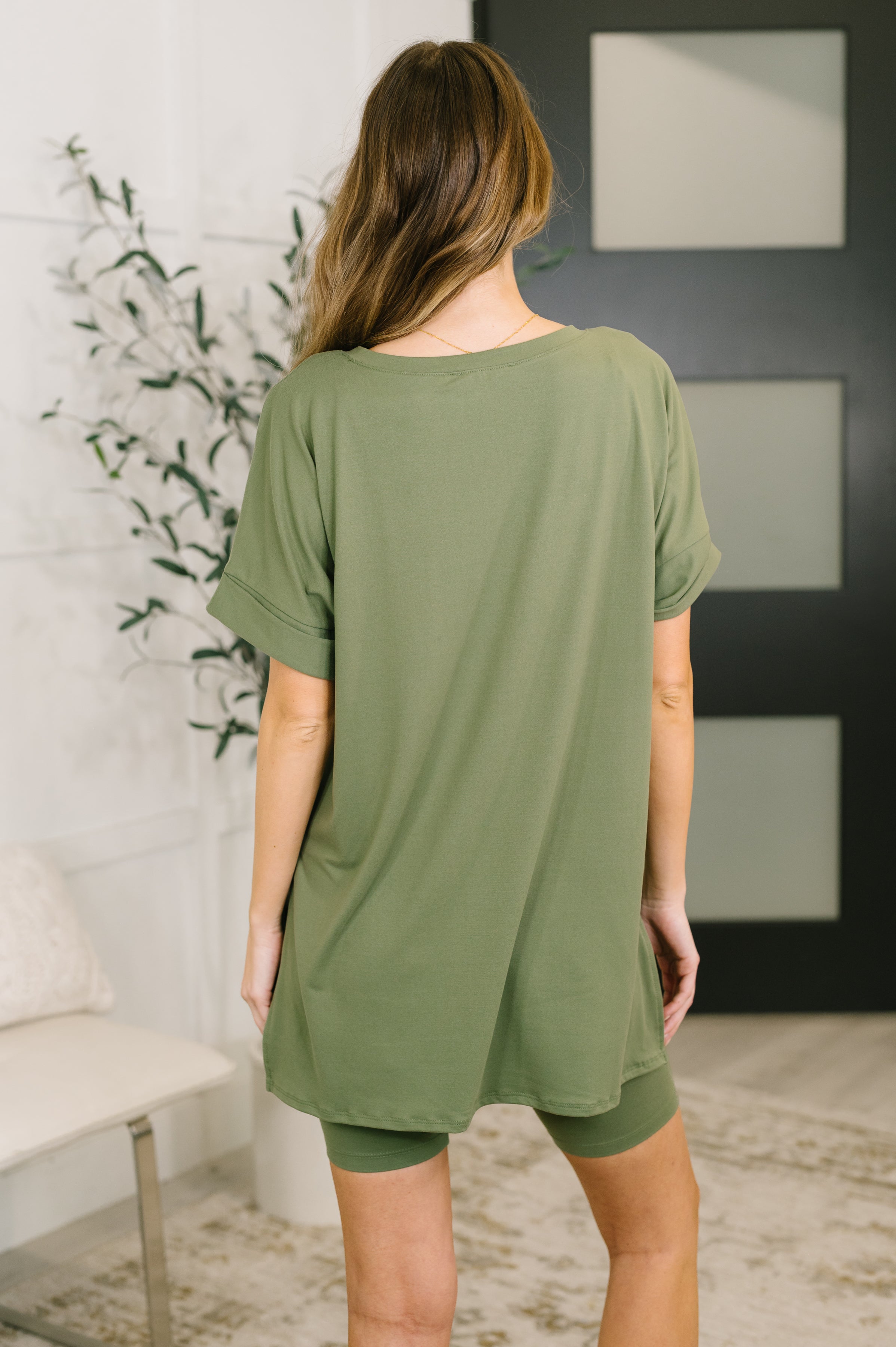 Zenana Buttery Soft V-Neck Bike Short Set in Light Olive Womens