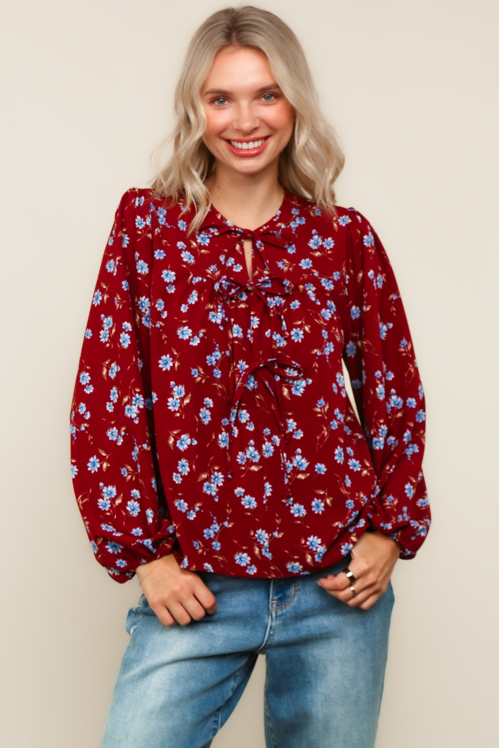 Haptics Burgundy Ribbon Detail Yoke Bubble Long Sleeve Floral Print Woven Blouse