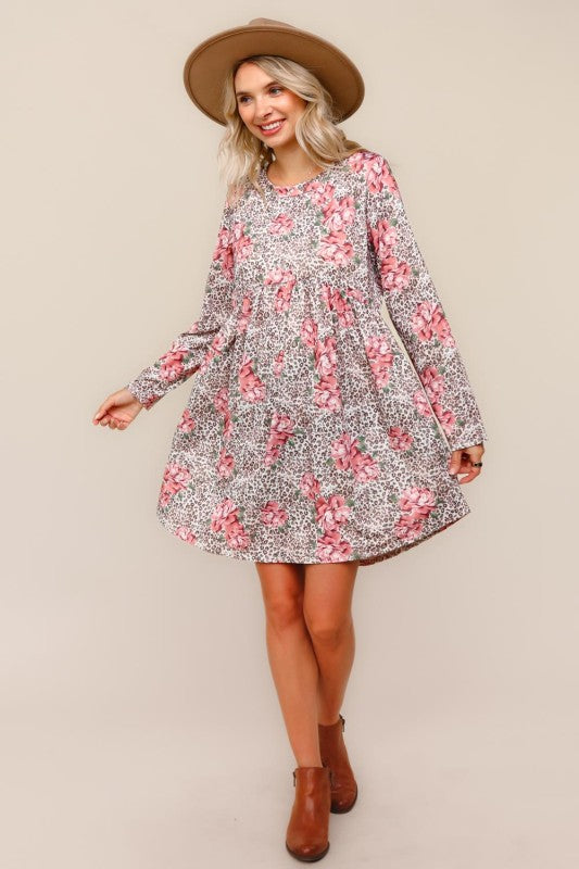 Haptics Leopard and Floral Fit & Flare Babydoll Tunic Dress
