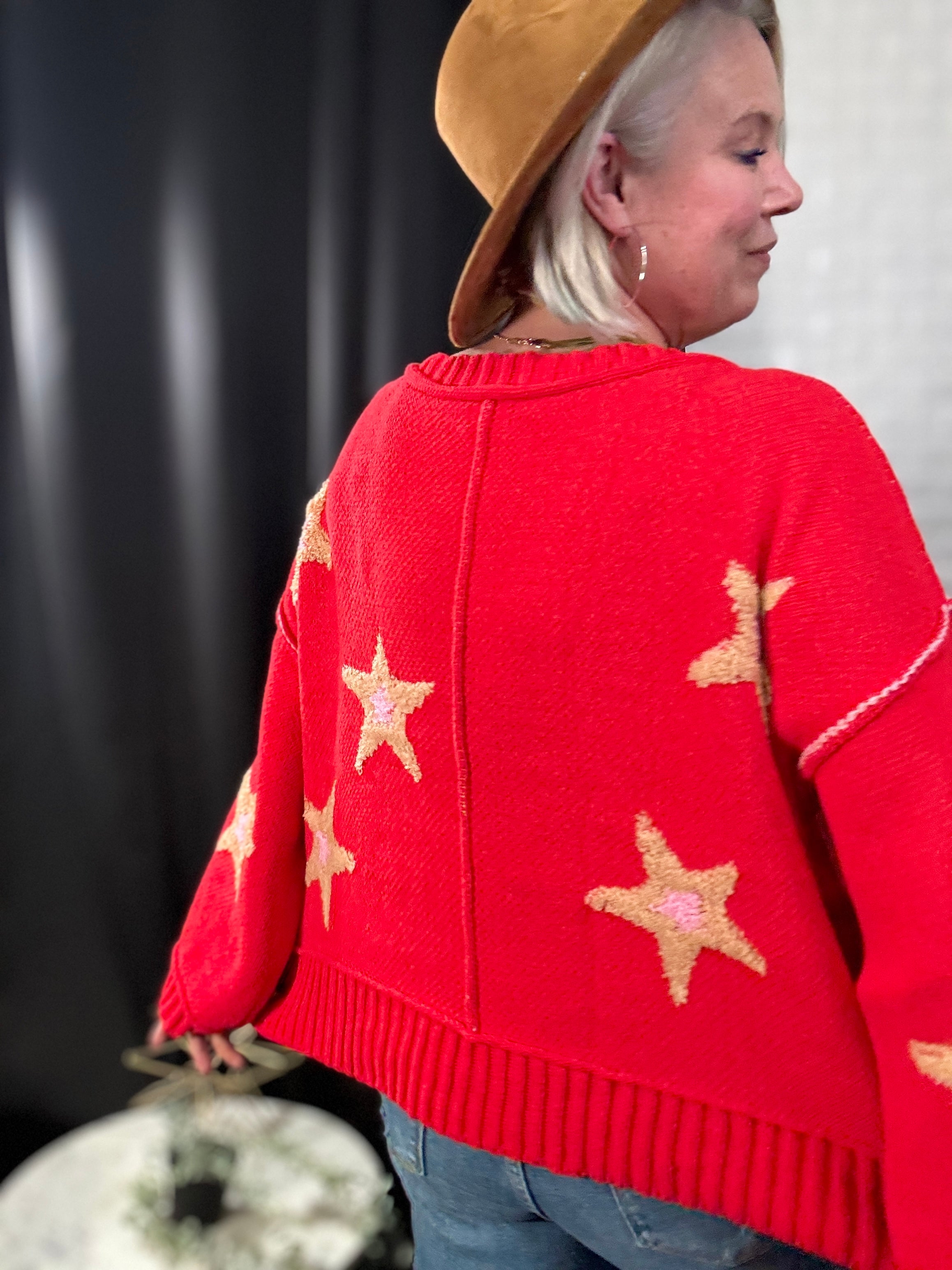 POL Apple Red Long Sleeve Star Patch Sweater Shirts & Tops
