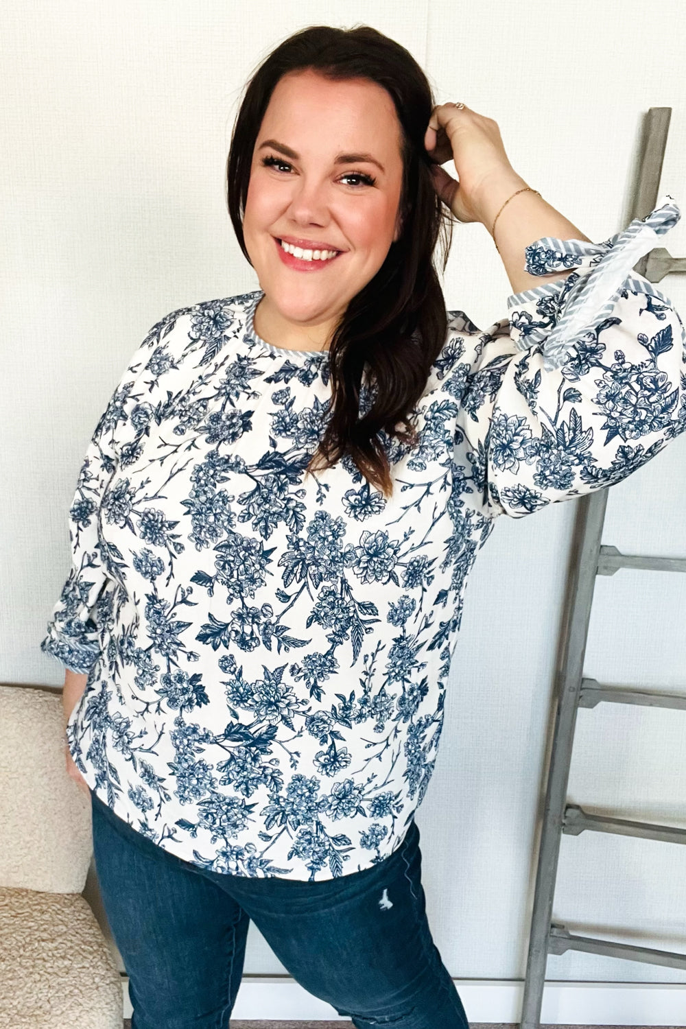 Large Haptics Vintage Chic Navy & Ivory Three-Quarter Bow Sleeve Contrast Stripe Blouse