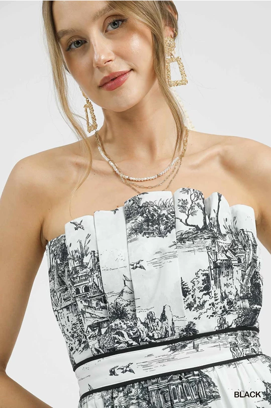 Umgee Toile de Jouy Printed Tiered Strapless Midi Dress