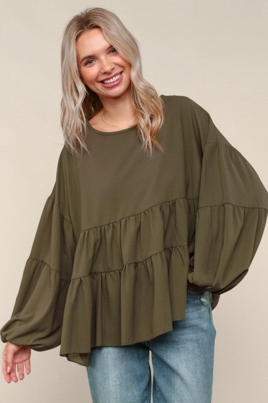 Haptics Olive Babydoll Oversized Tired Blouse