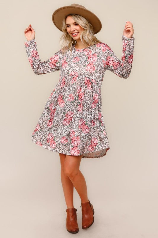 Haptics Leopard and Floral Fit & Flare Babydoll Tunic Dress