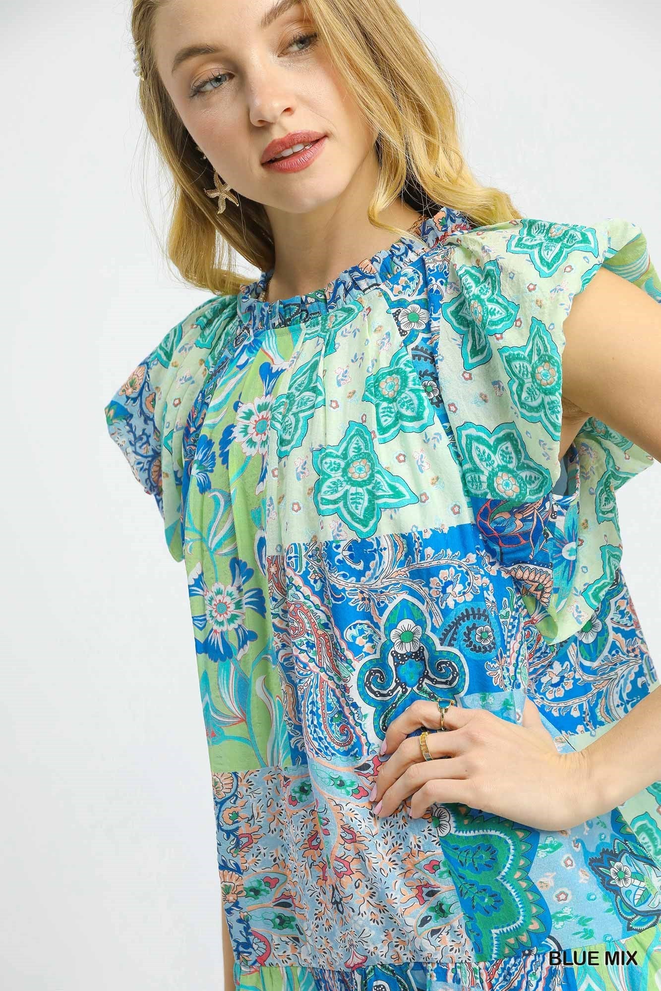 Umgee Blue Mix Patchwork Paisley Printed Ruffle Sleeve Mini Dress