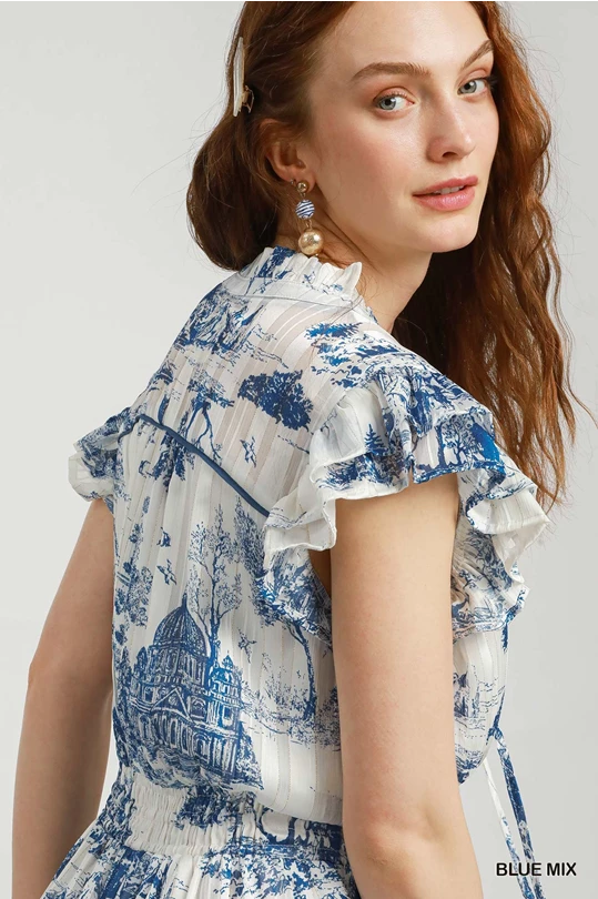 Umgee Sky Blue Two Tone Landscape Print Midi Dress