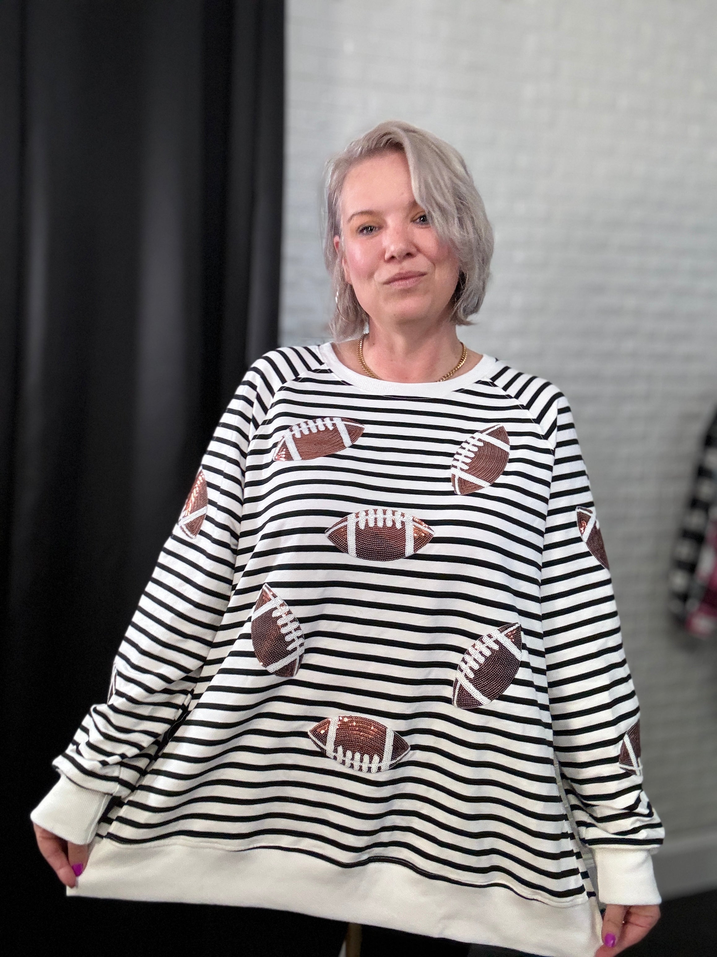 Preorder Ruby Idol Game Day Sequin Football Striped Long Sleeve Sweatshirt Shirts & Tops