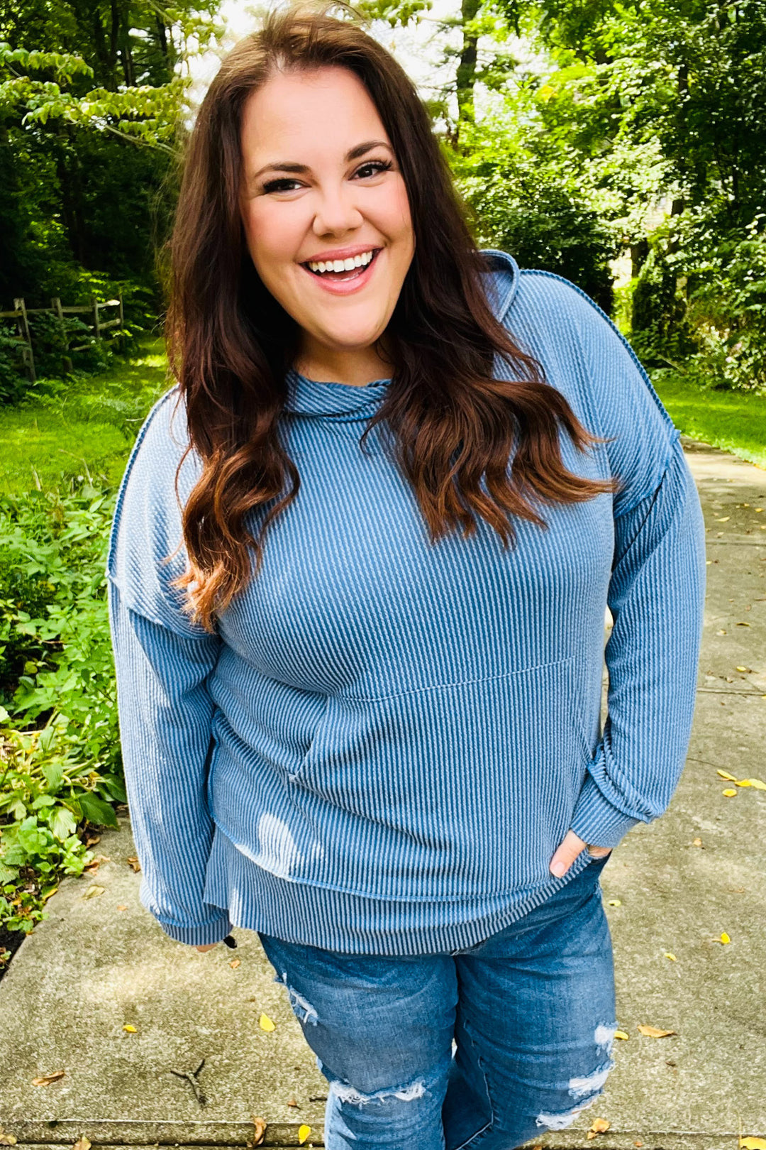 Haptics Vintage Denim Jacquard Textured Washed Ribbed Hoodie Shirts & Tops