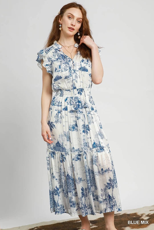 Umgee Sky Blue Two Tone Landscape Print Midi Dress