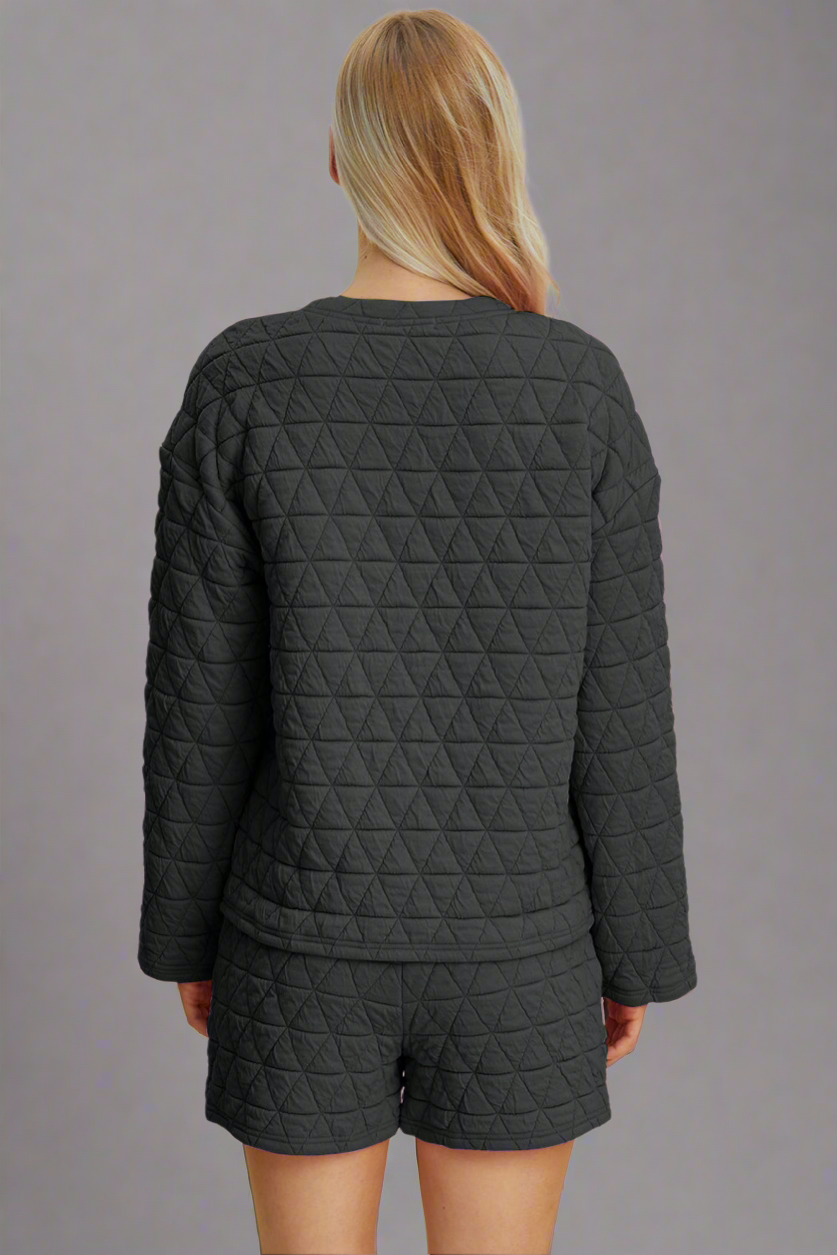 Double Take 3 Colors Quilted Textured Round Neck Long Sleeve Top and Shorts Set Loungewear