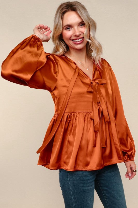 Haptics Babydoll Rust With Front Ribbon Bow Tie Blouse