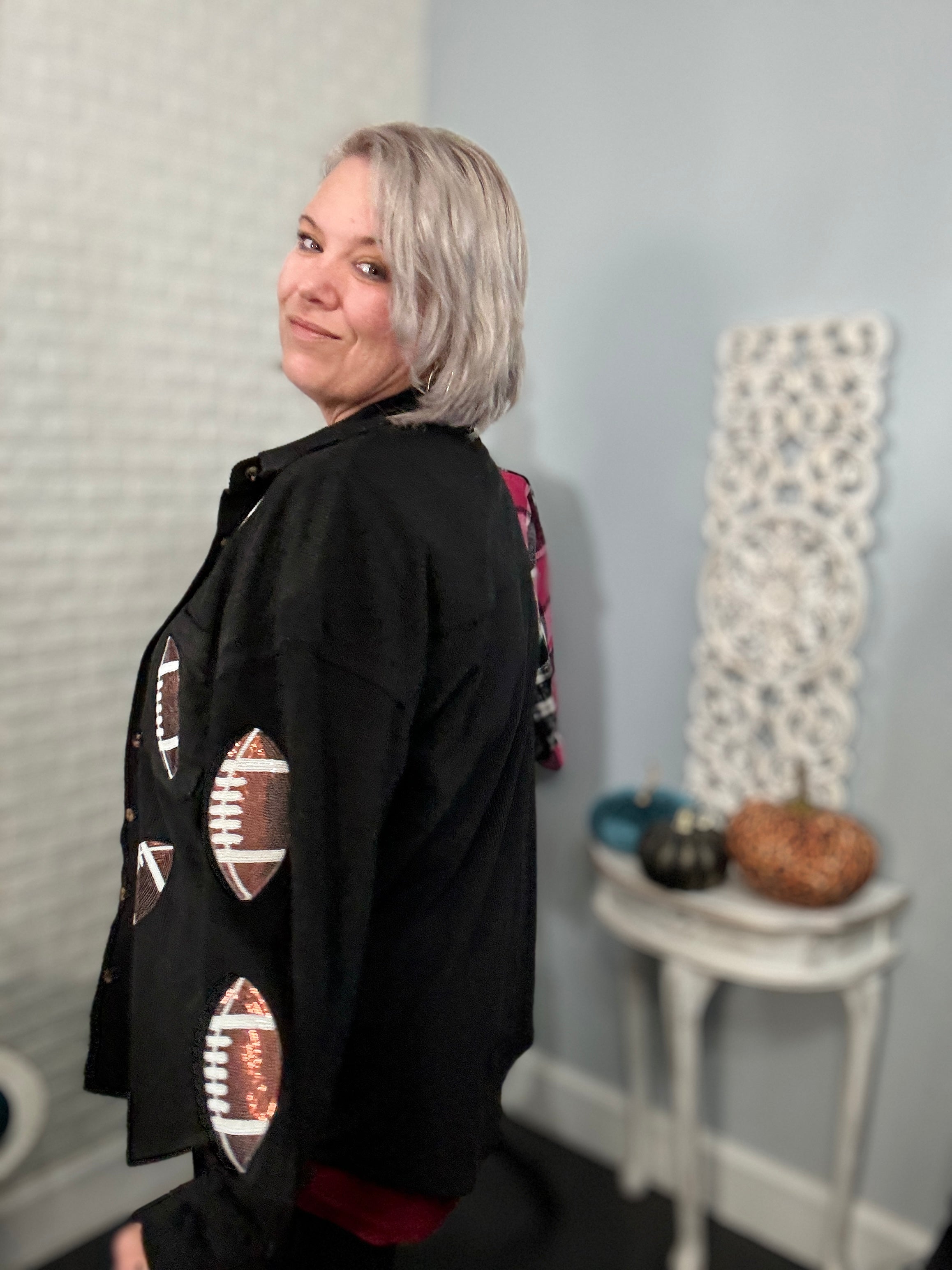 Preorder: Ruby Idol Sequin Football Black Button Up Long Sleeve Corduroy Jacket Shirts & Tops