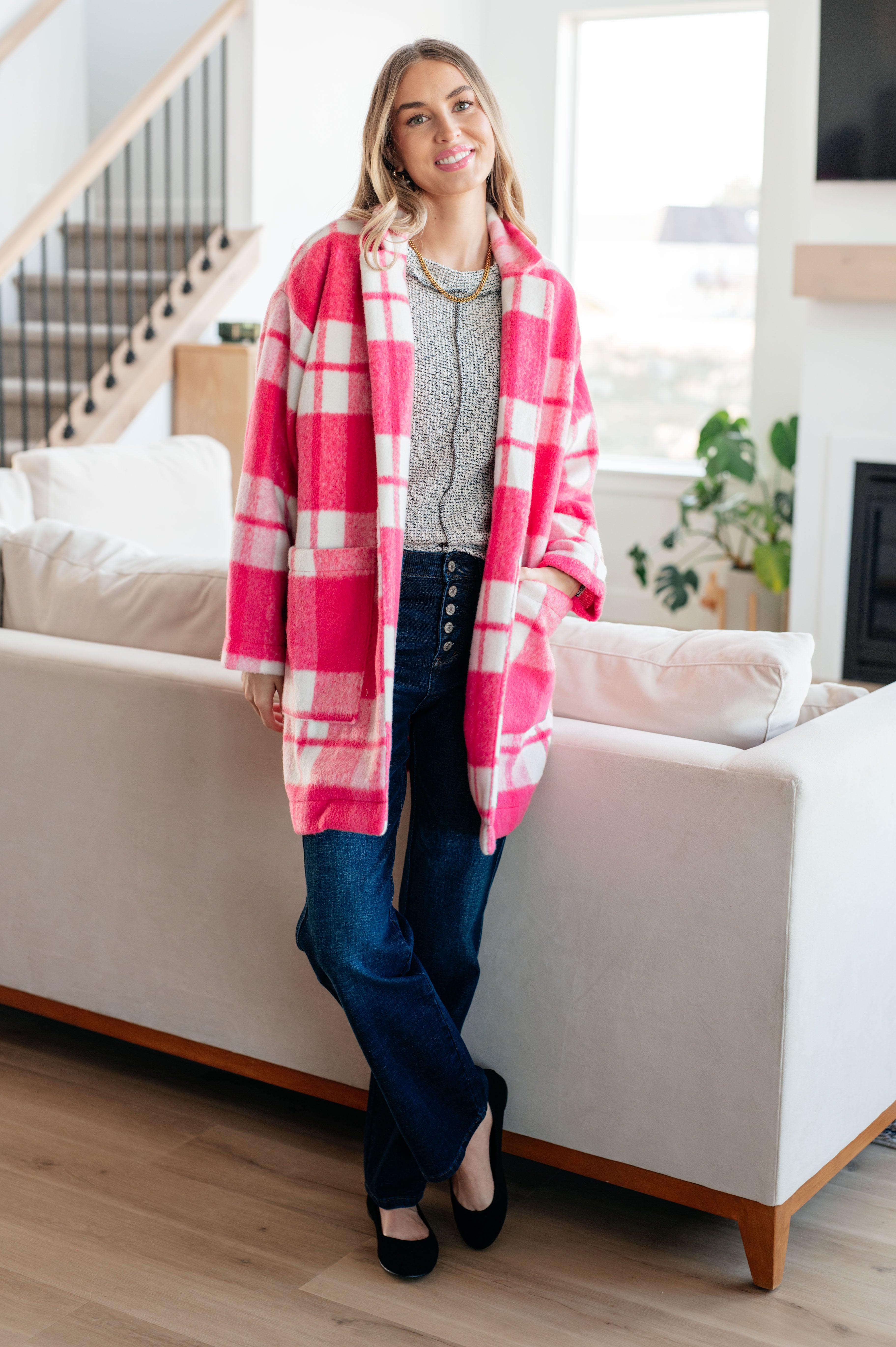 Davi & Dani Hot Pink Checker Plaid Open Front Drop Shoulder Longline Coat Coats & Jackets