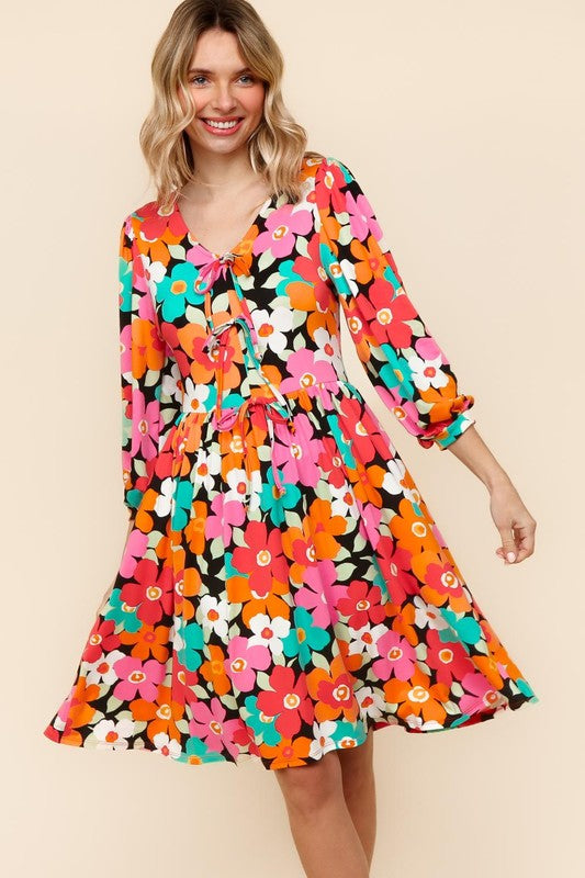 Haptics Little Bold V-Neck Ribbon Bow Detail Floral Knit Dress Womens