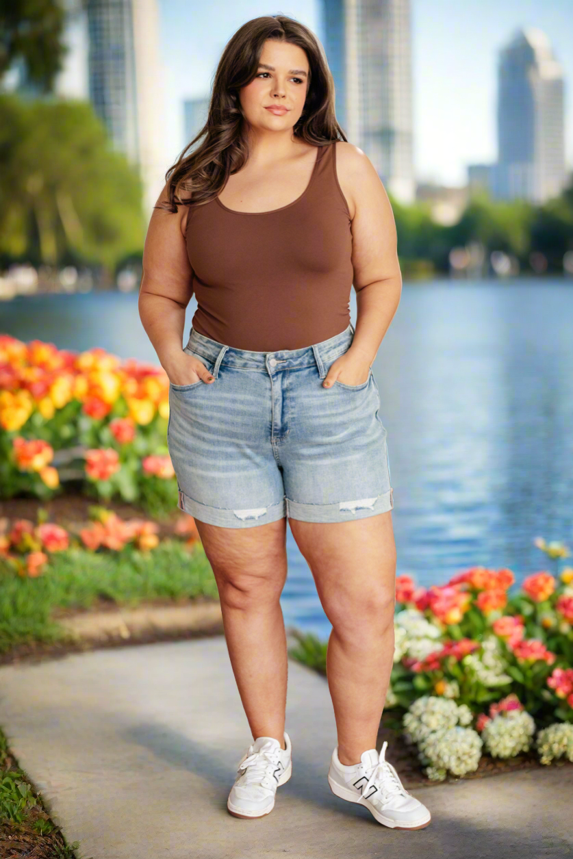 Judy Blue Darlene High Rise Distressed Cuffed Cutoff Shorts Denim