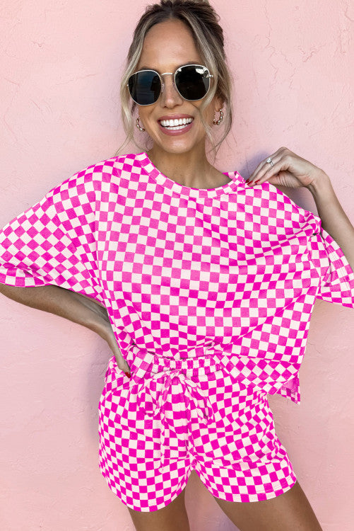 Preorder: Fuchsia Pink Checkered Round Neck Top and Shorts Two-Piece Set