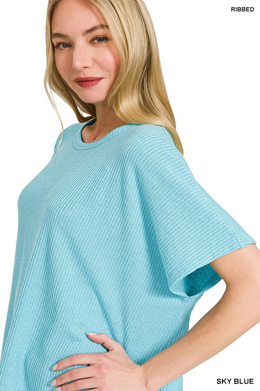 Zenana Blue Gray Ribbed Round-Neck Short-Sleeve Knit Sweater