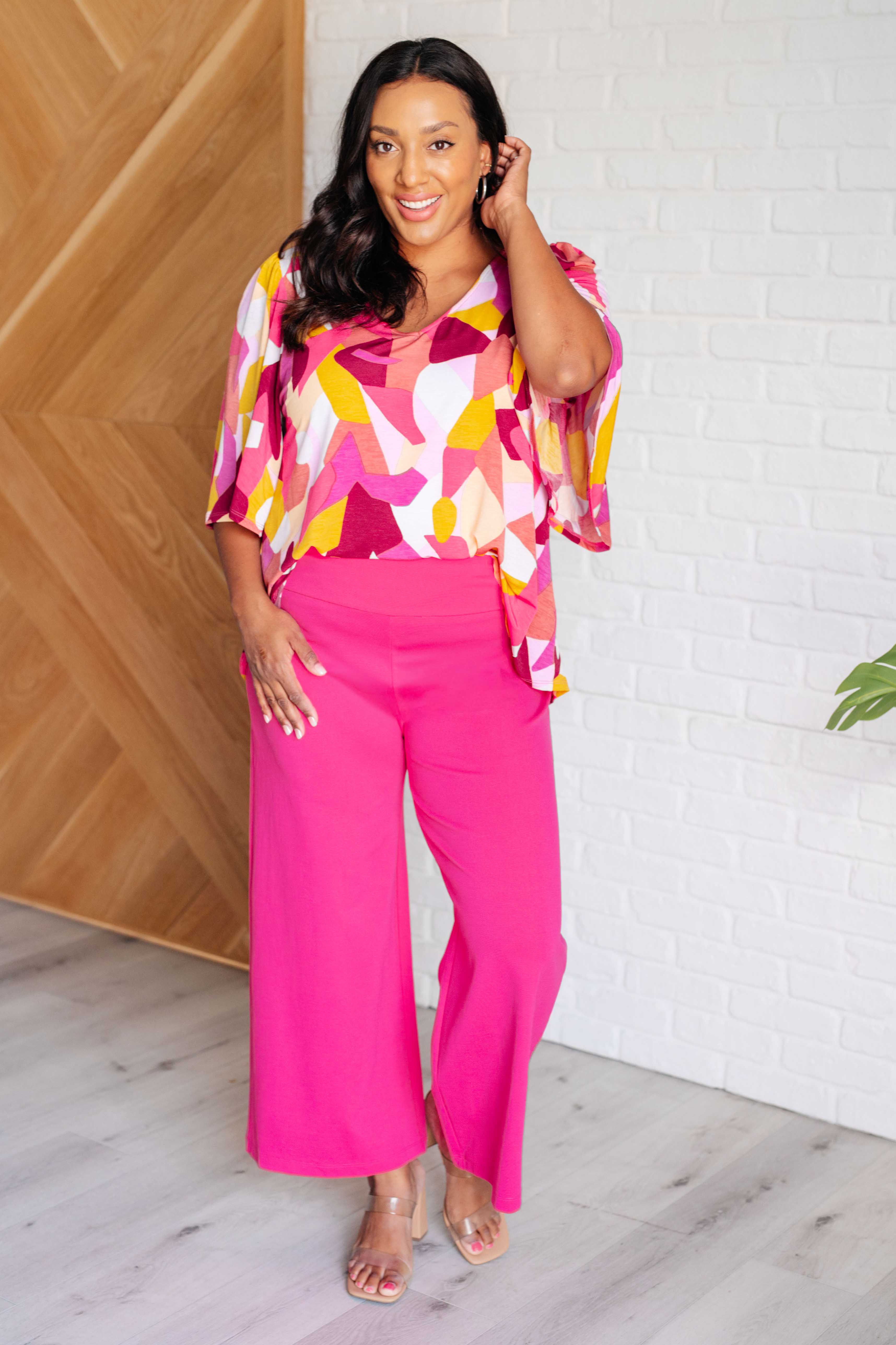 Dear Scarlett Magic Wide Leg Crop Pants in Hot Pink Bottoms