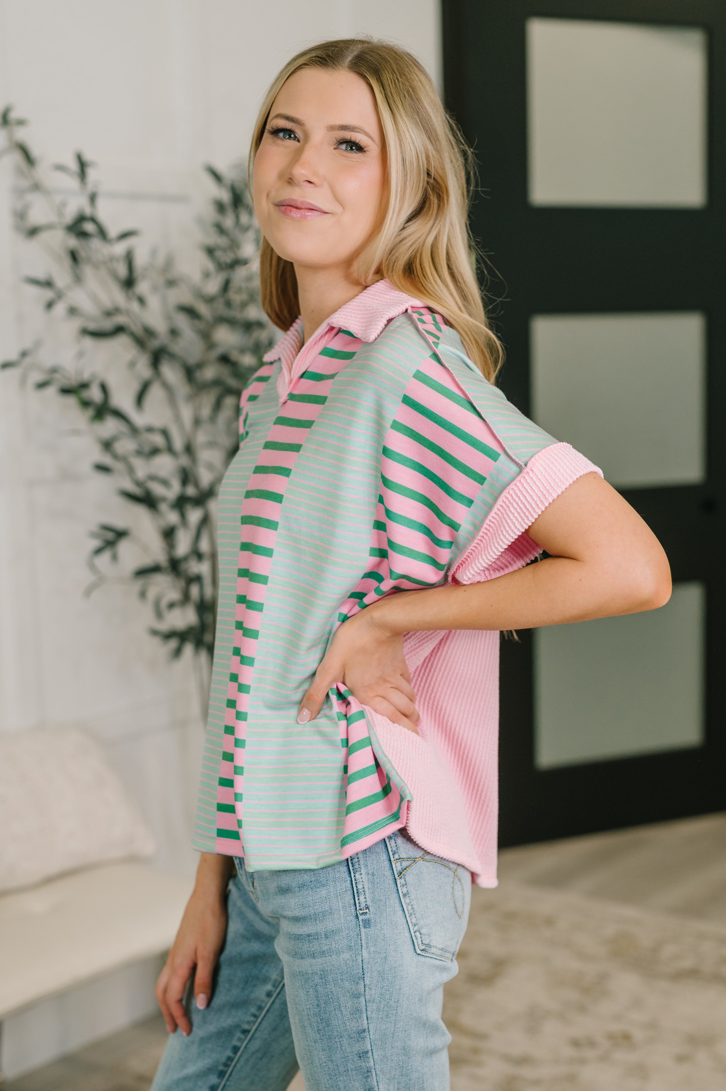 Haptics Can't Control It Collared Color Block Top Womens