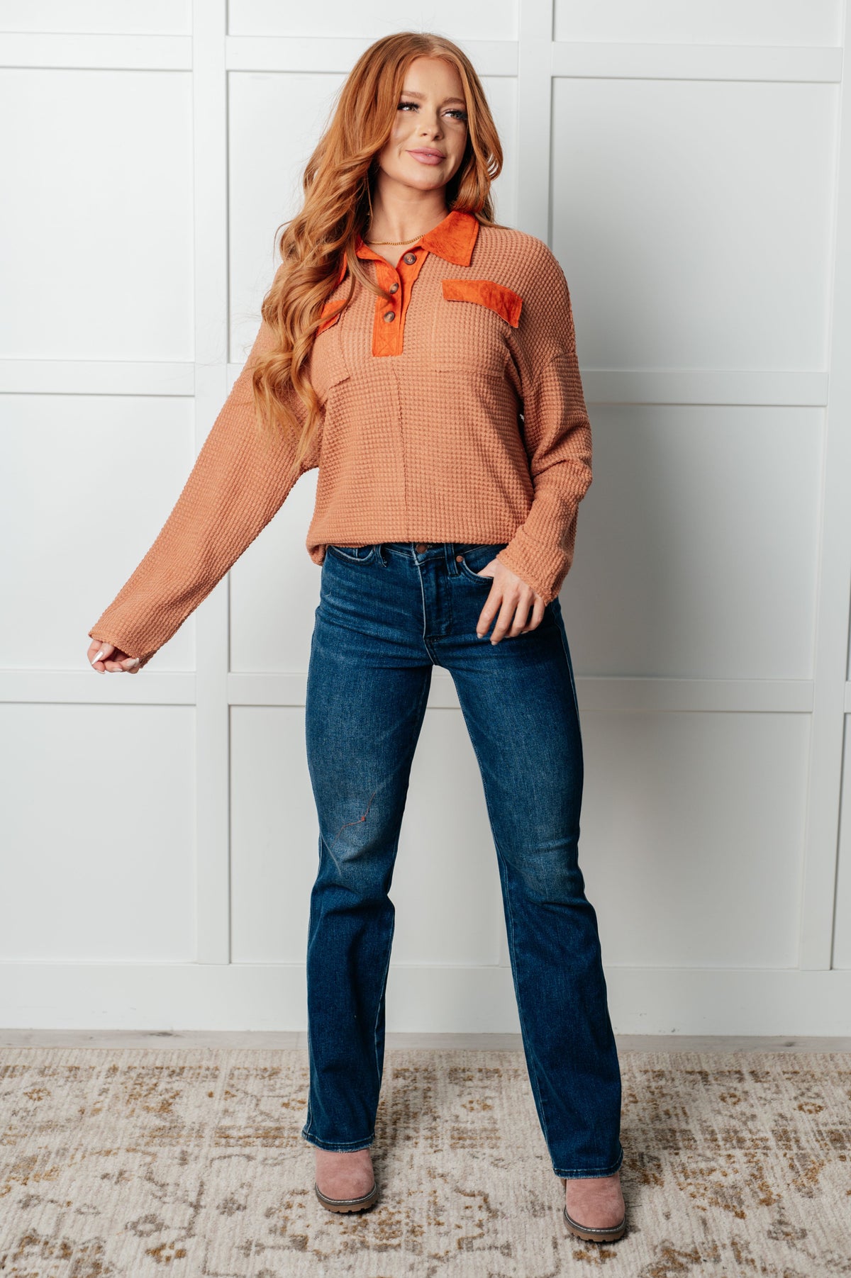 One Eleven North Can't Imagine Why Waffle Knit Contrast Trim Top Tops