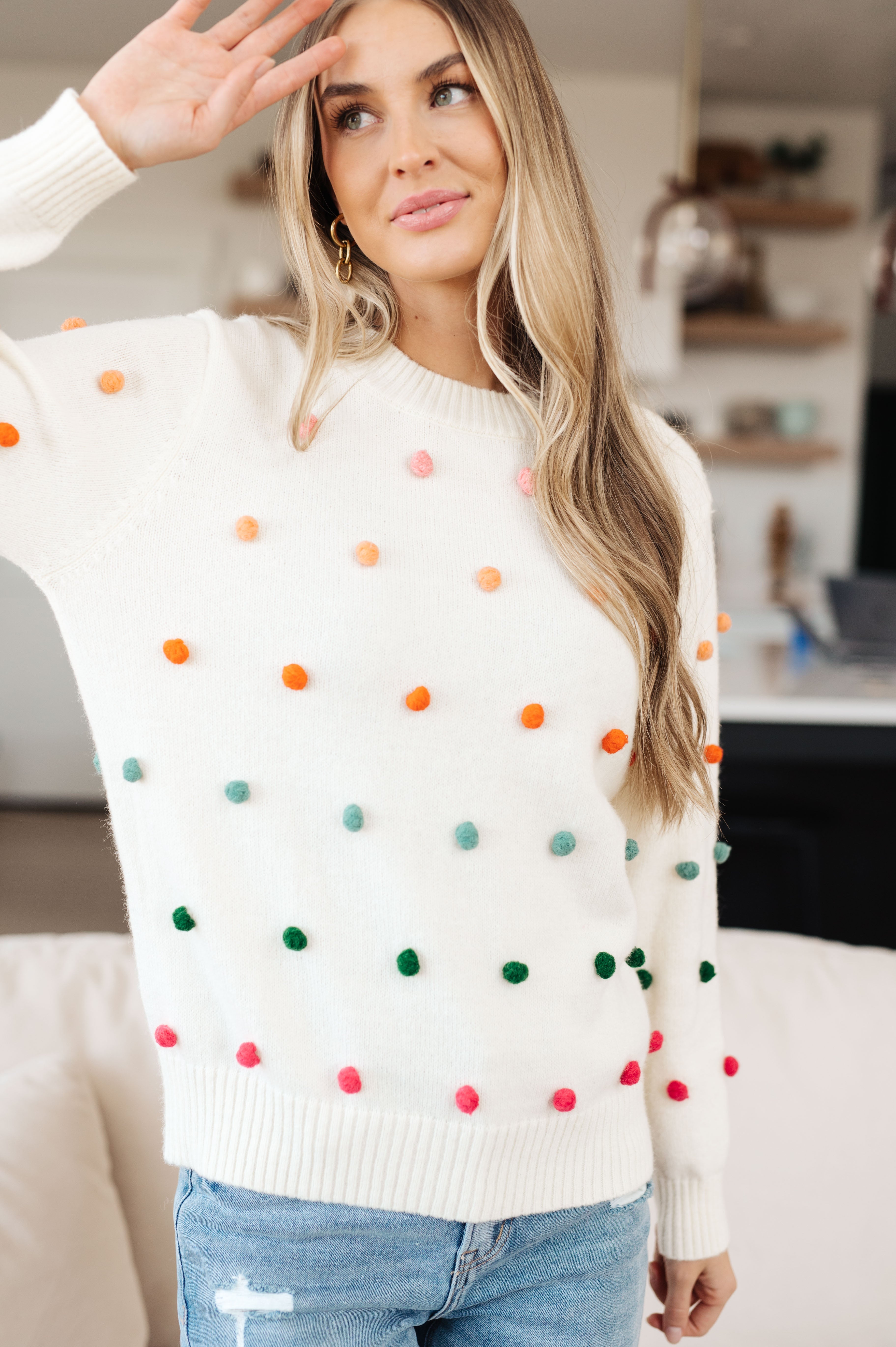 Jodifl Candy Buttons Pom Detail Ivory Sweater Shirts & Tops