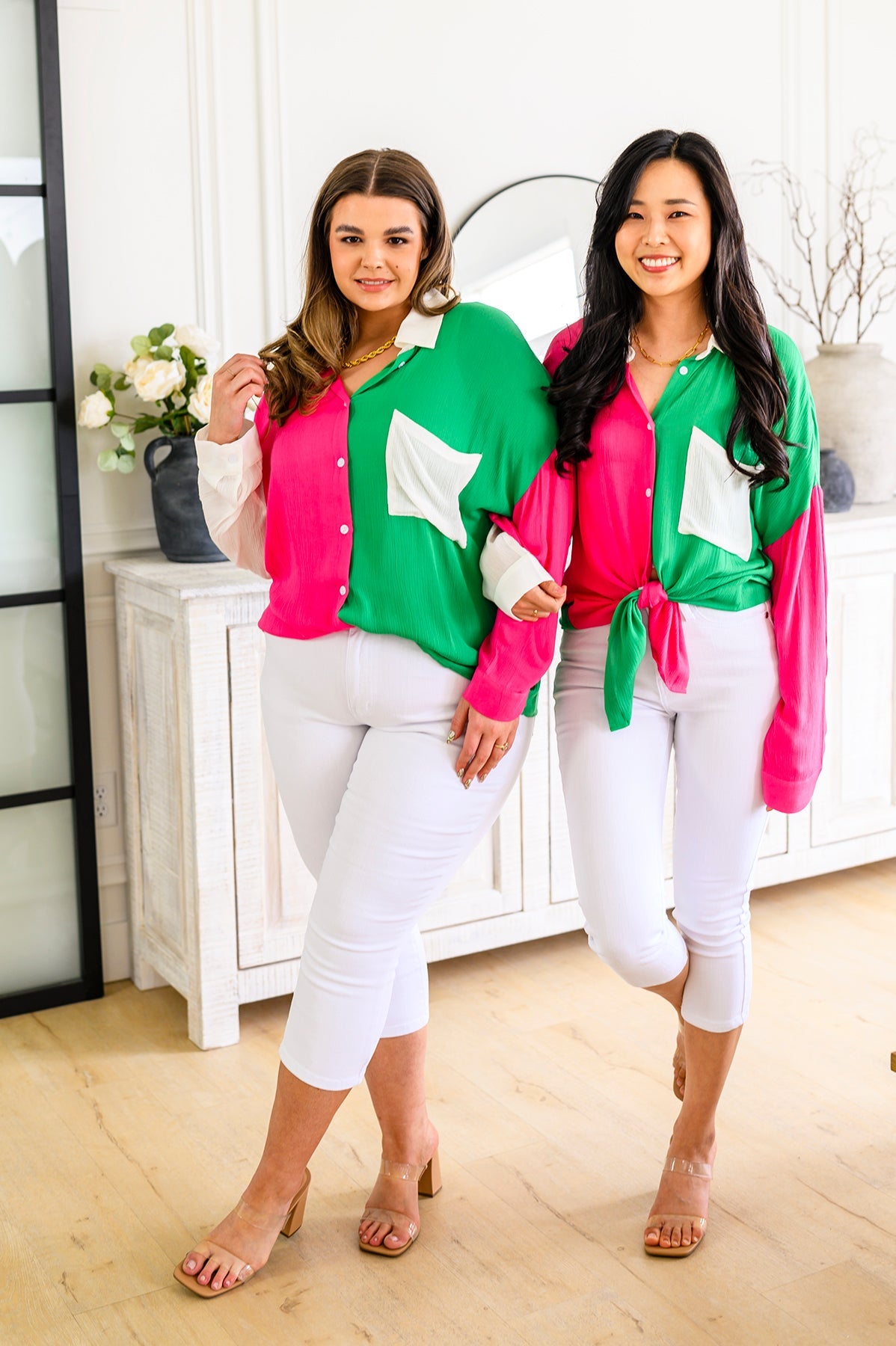 Capture the Day Two Toned Button Up Kelly Tops