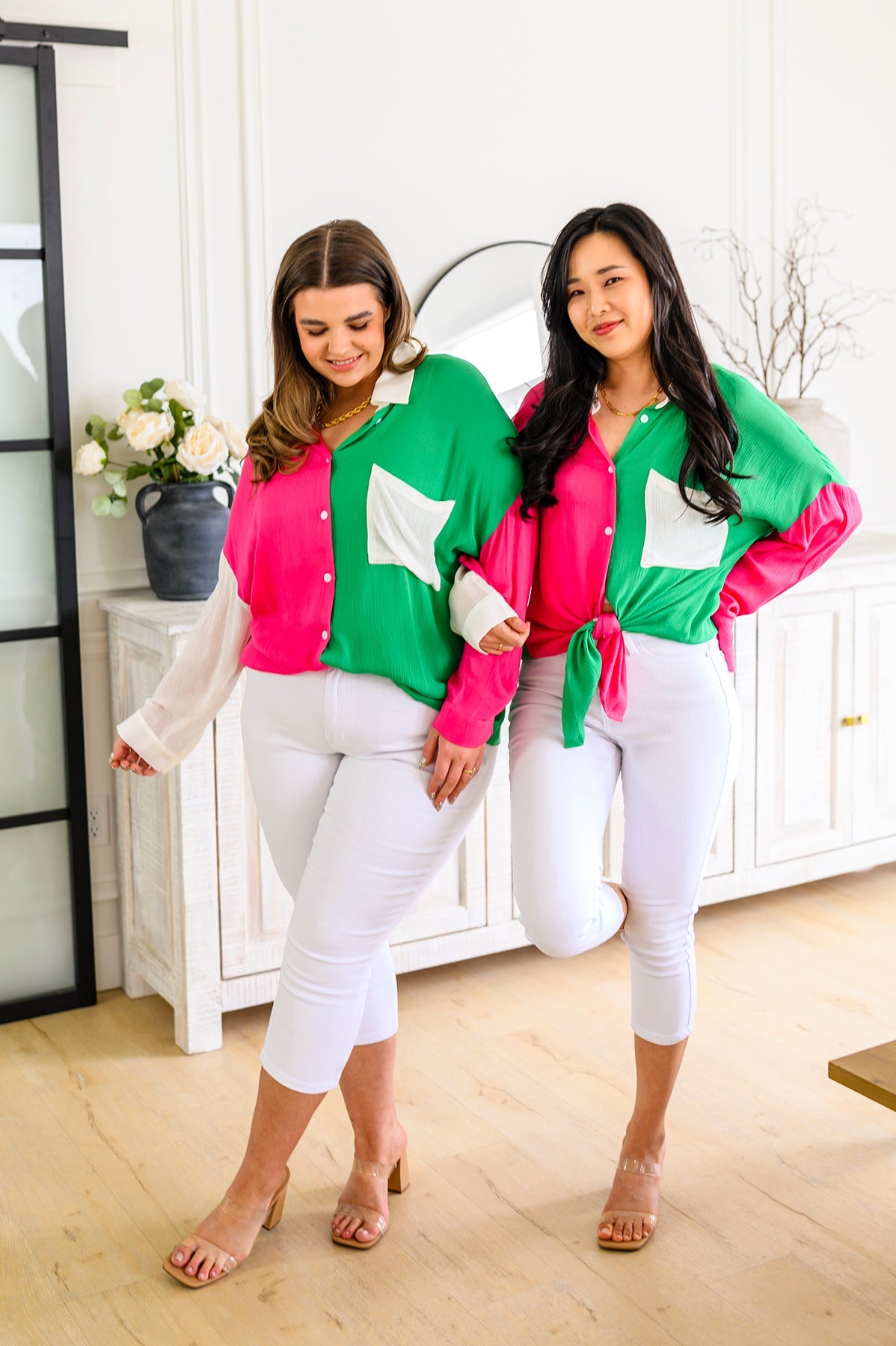 Capture the Day Two Toned Button Up Kelly Tops