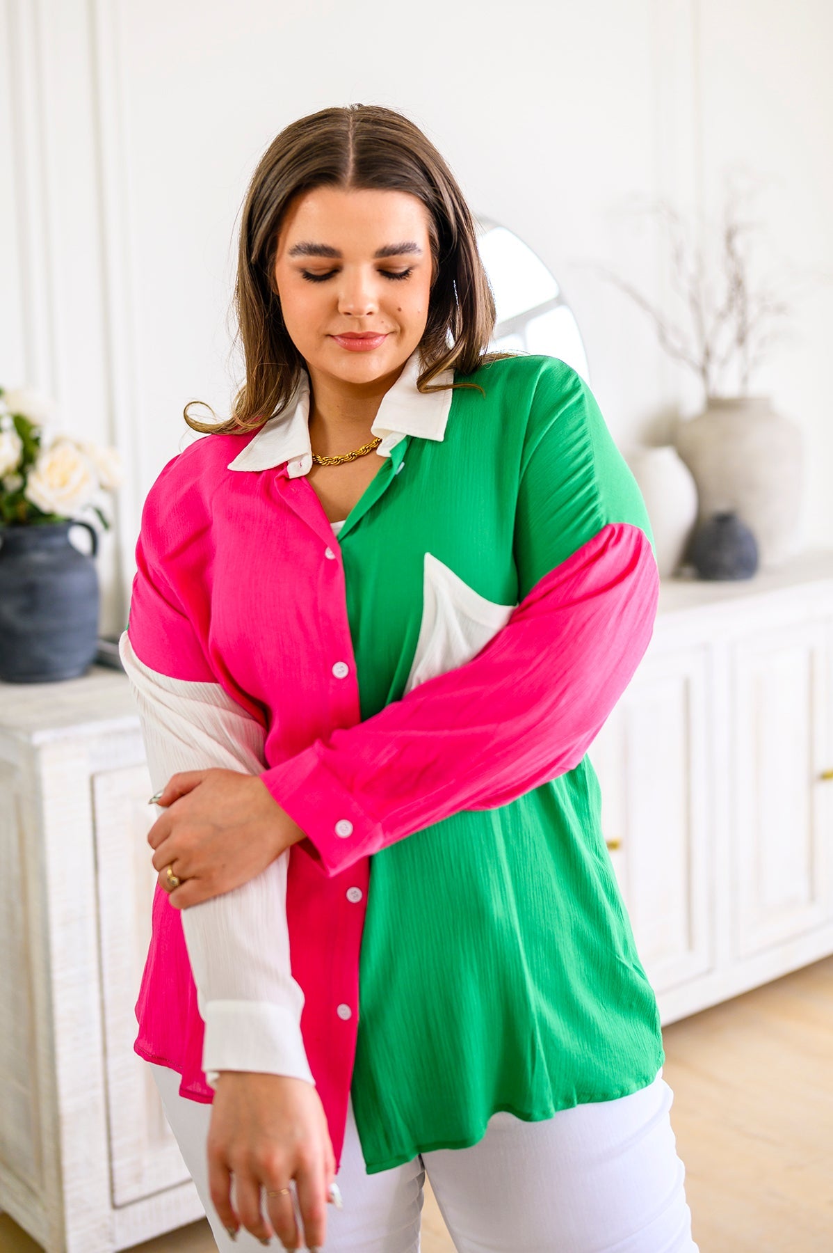 Capture the Day Two Toned Button Up Kelly Tops