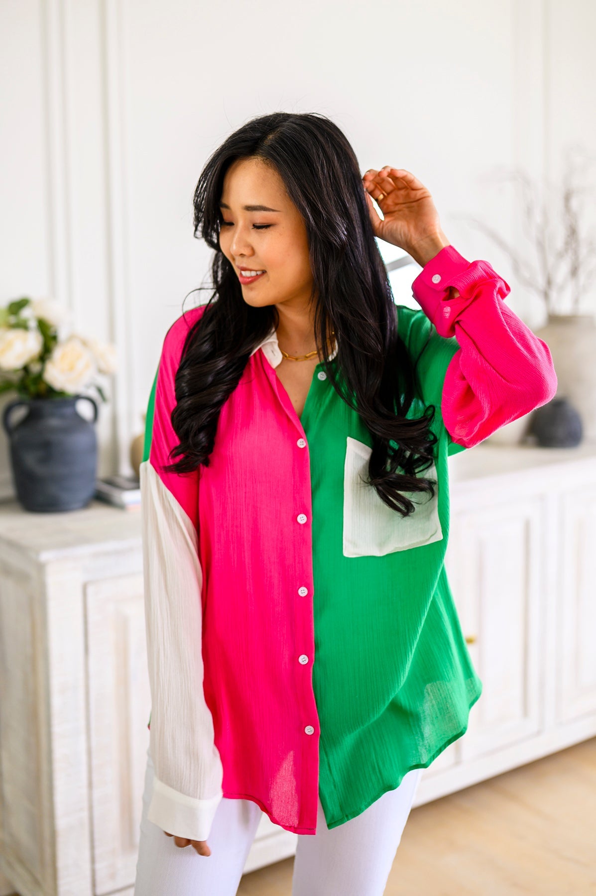 Capture the Day Two Toned Button Up Kelly Tops