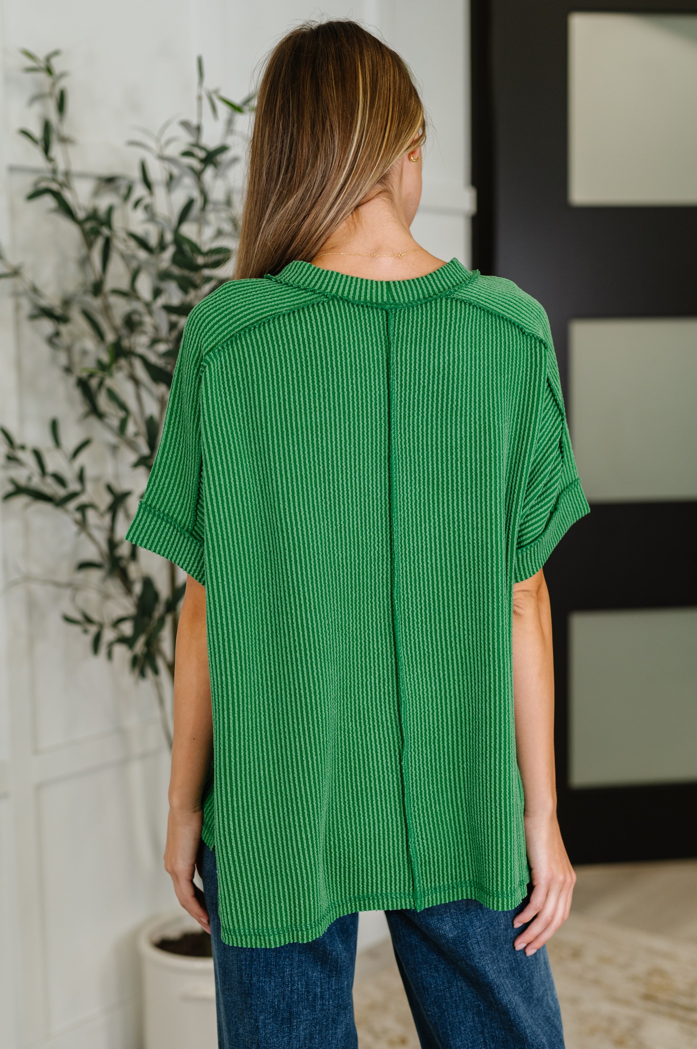 Zenana Catch Me Loungin’ Cable Ribbed Knit Top in Dark Green Womens
