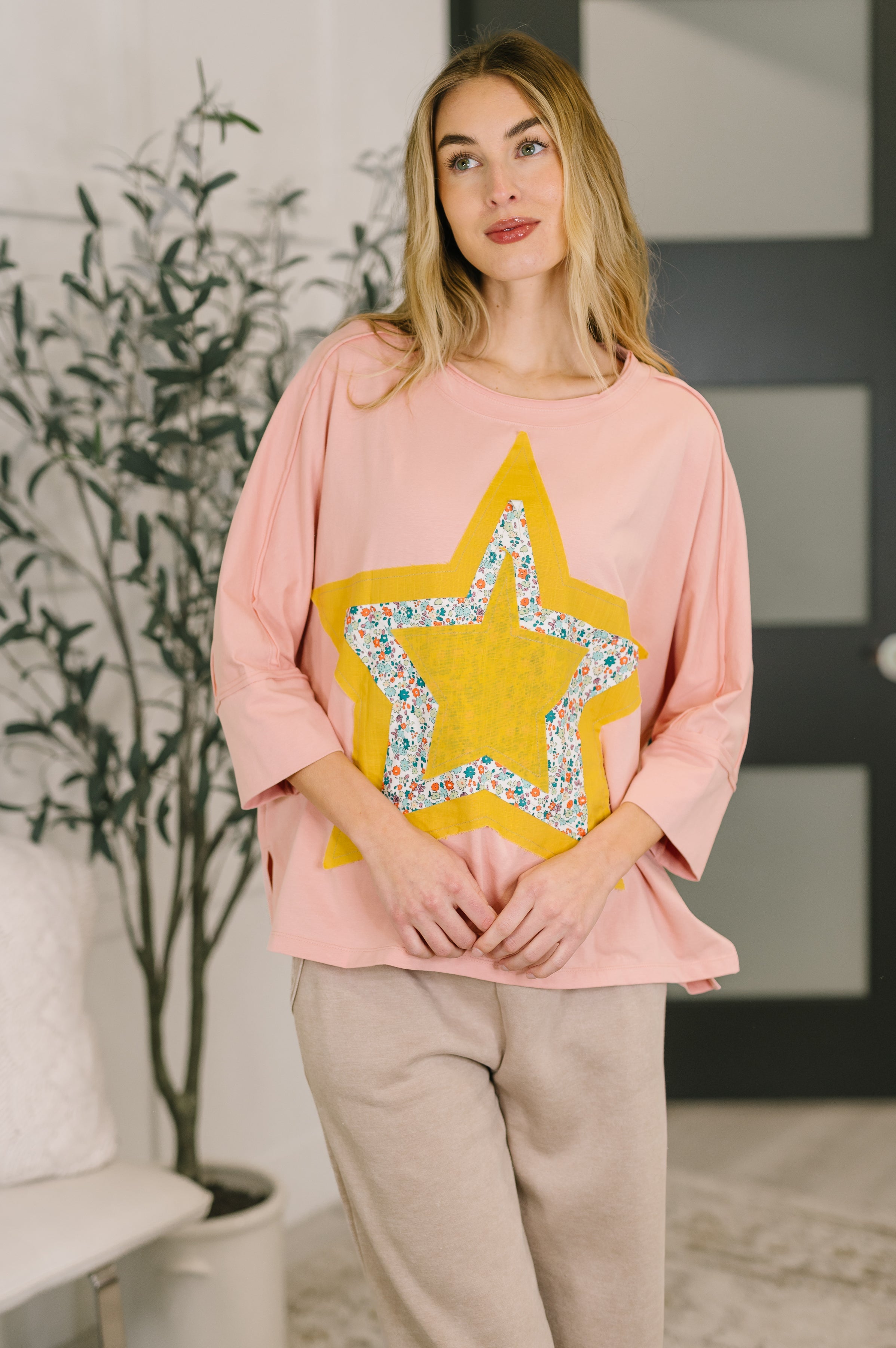 One Eleven North Catch a Star Mixed Print Star Patch Top Womens