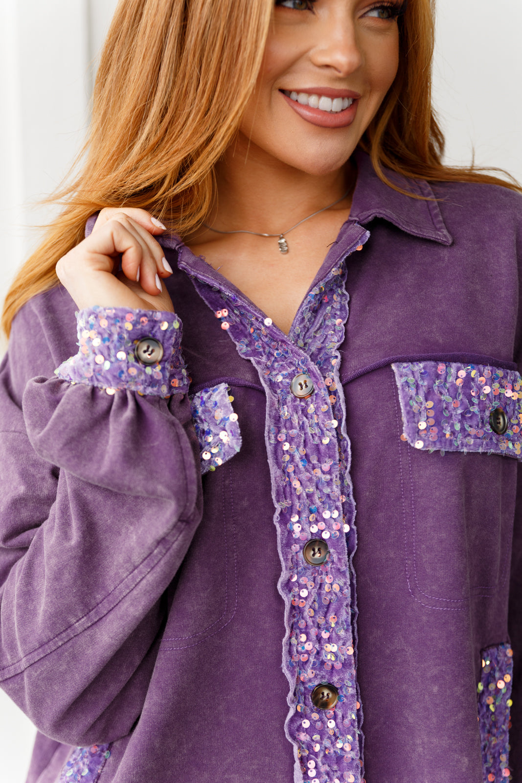 White Birch Chaos of Sequins Shacket in Purple Shirts & Tops