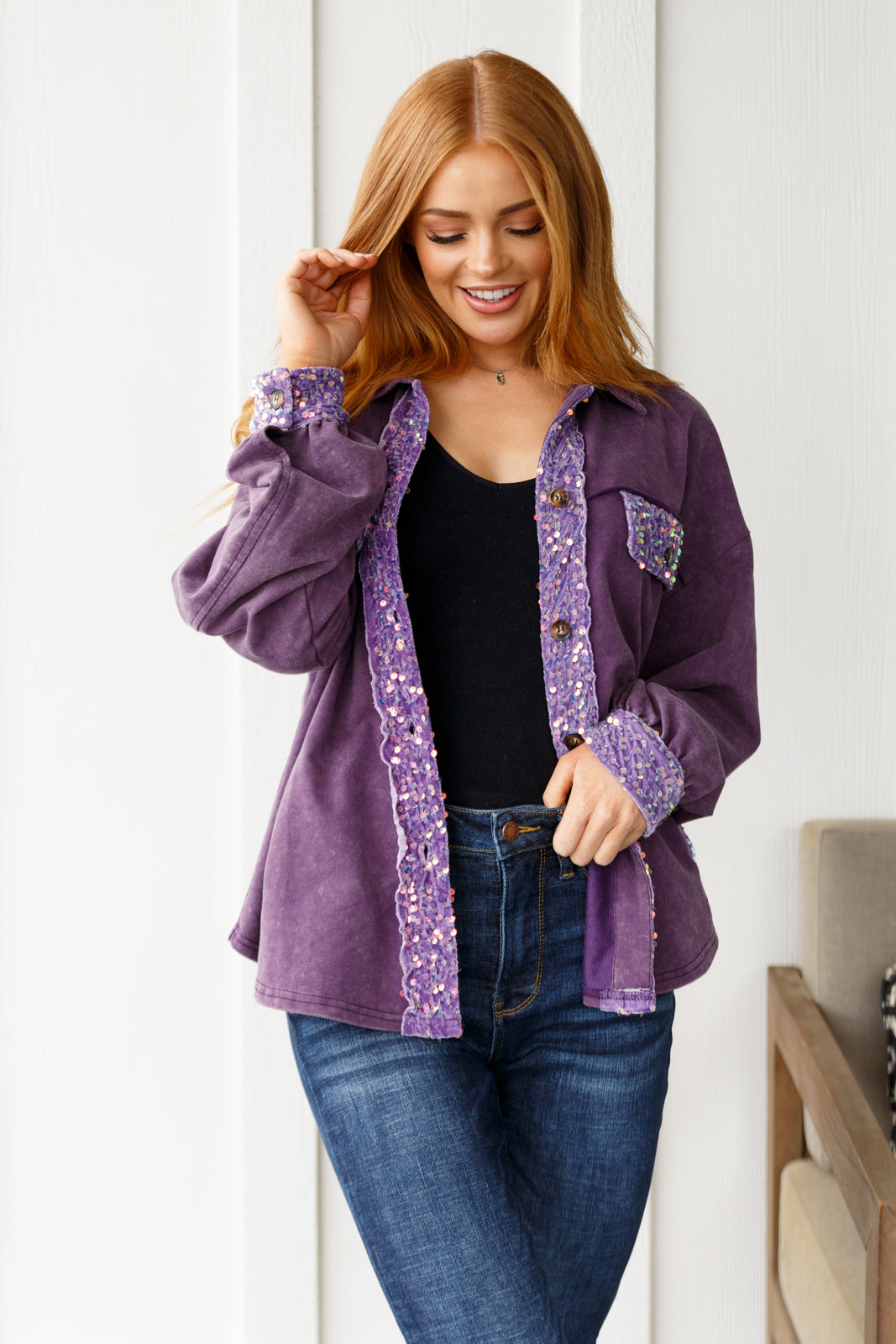 White Birch Chaos of Sequins Shacket in Purple Shirts & Tops