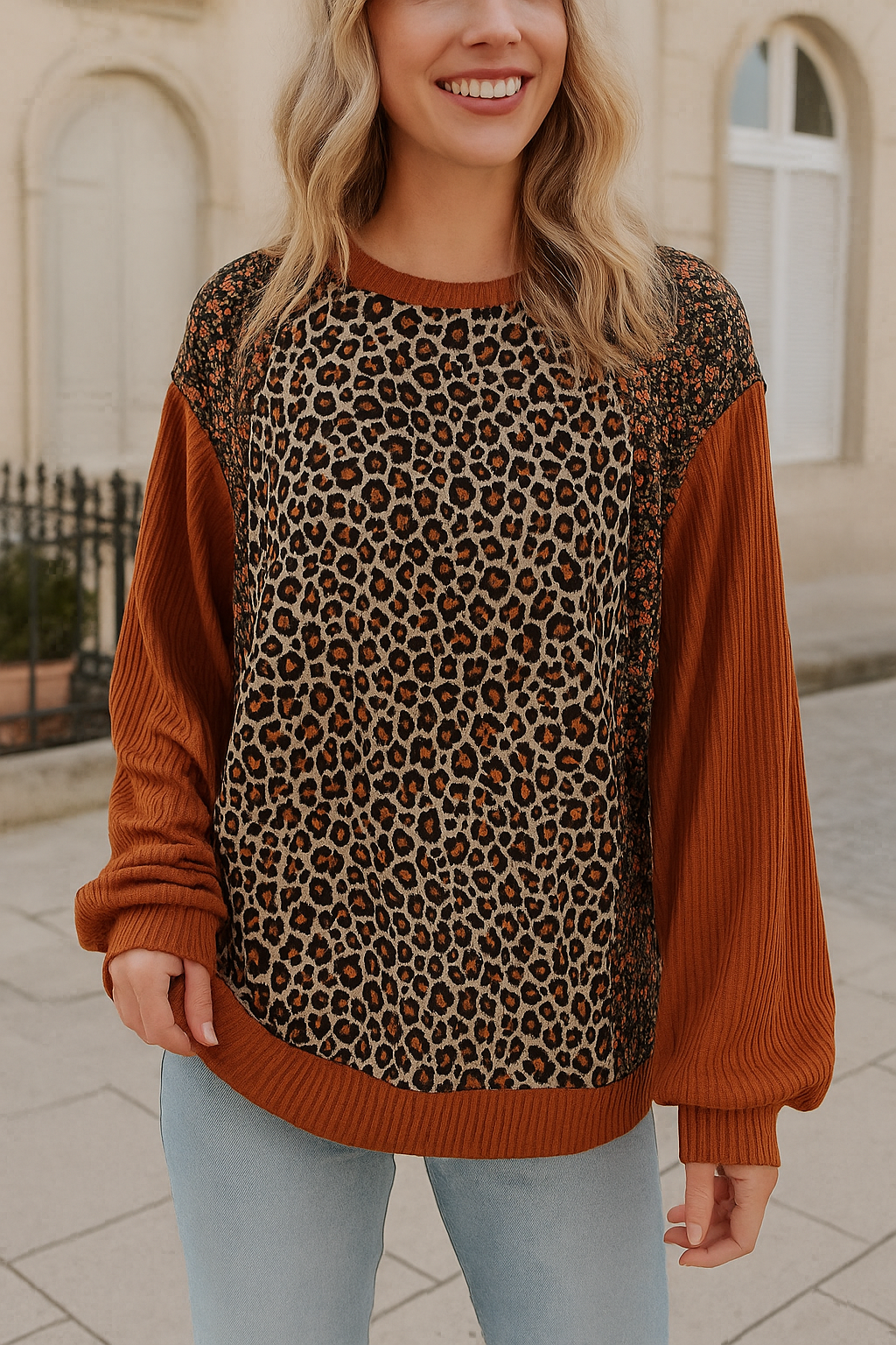 Preorder Leopard Print & Floral Accent Long Sleeve Sweatshirt