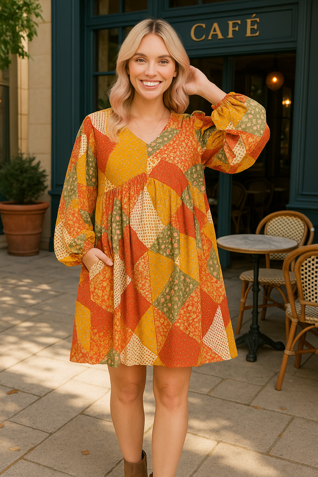 Haptics Fall Waffle Textured Patchwork Babydoll Dress