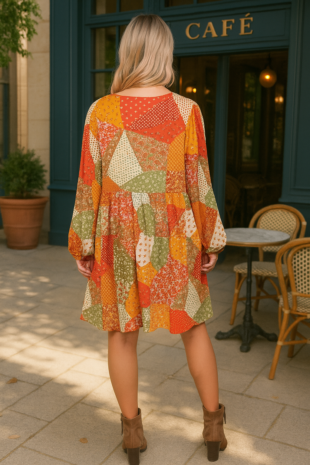 Haptics Fall Waffle Textured Patchwork Babydoll Dress