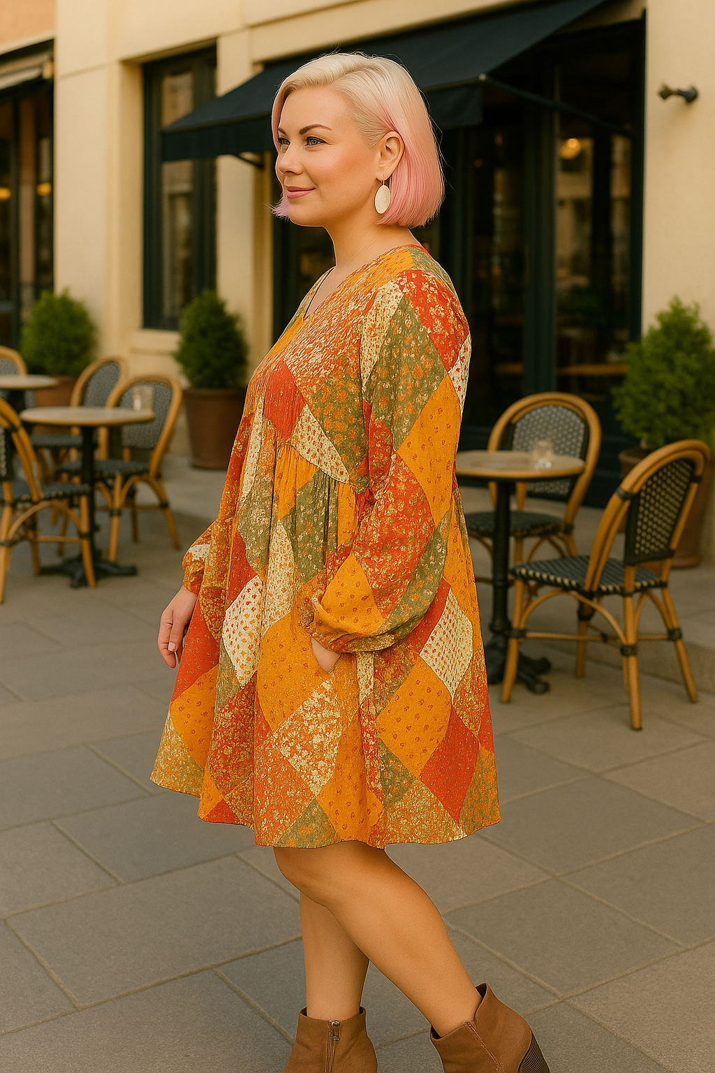 Haptics Fall Waffle Textured Patchwork Babydoll Dress