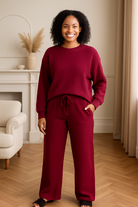 Zenana Cabernet Ribbed Round Neck Pullover and Drawstring Pants Set CABERNET