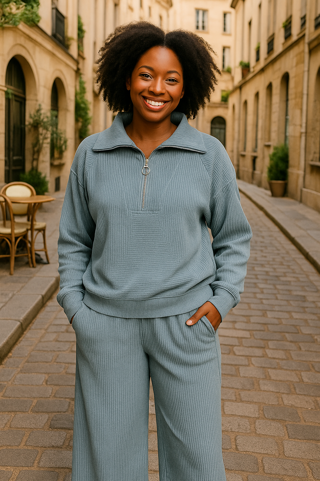 Zenana Blue Grey Ribbed High Neck Half Zip Pullover & Pants Set BLUE GREY