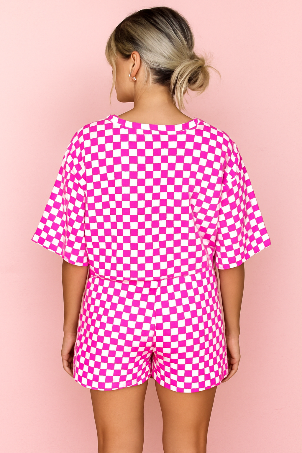 Preorder: Fuchsia Pink Checkered Round Neck Top and Shorts Two-Piece Set