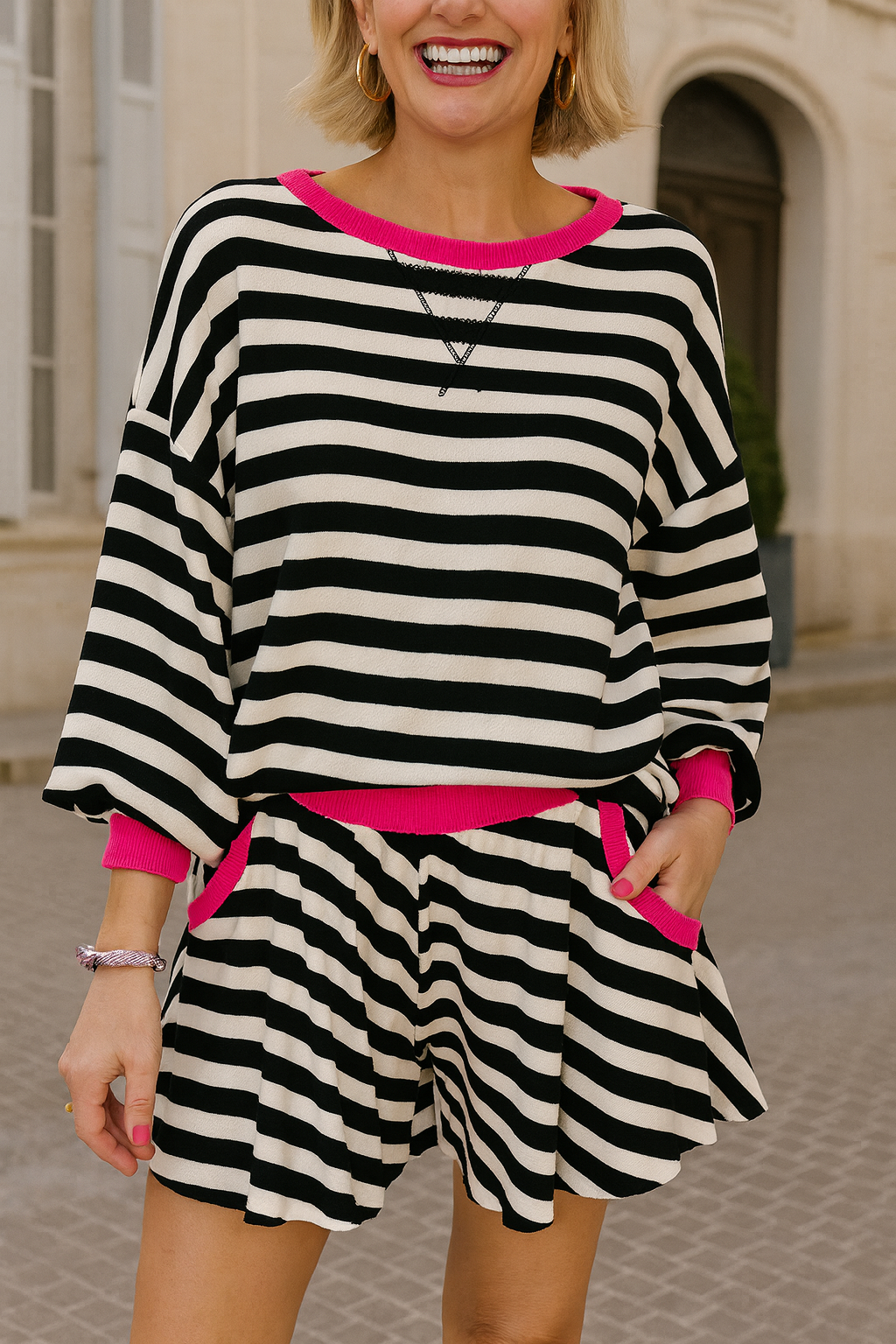 Preorder Black & White Stripe Contrast Ribbed Banding Long Sleeve Blouse and Loose Shorts Set