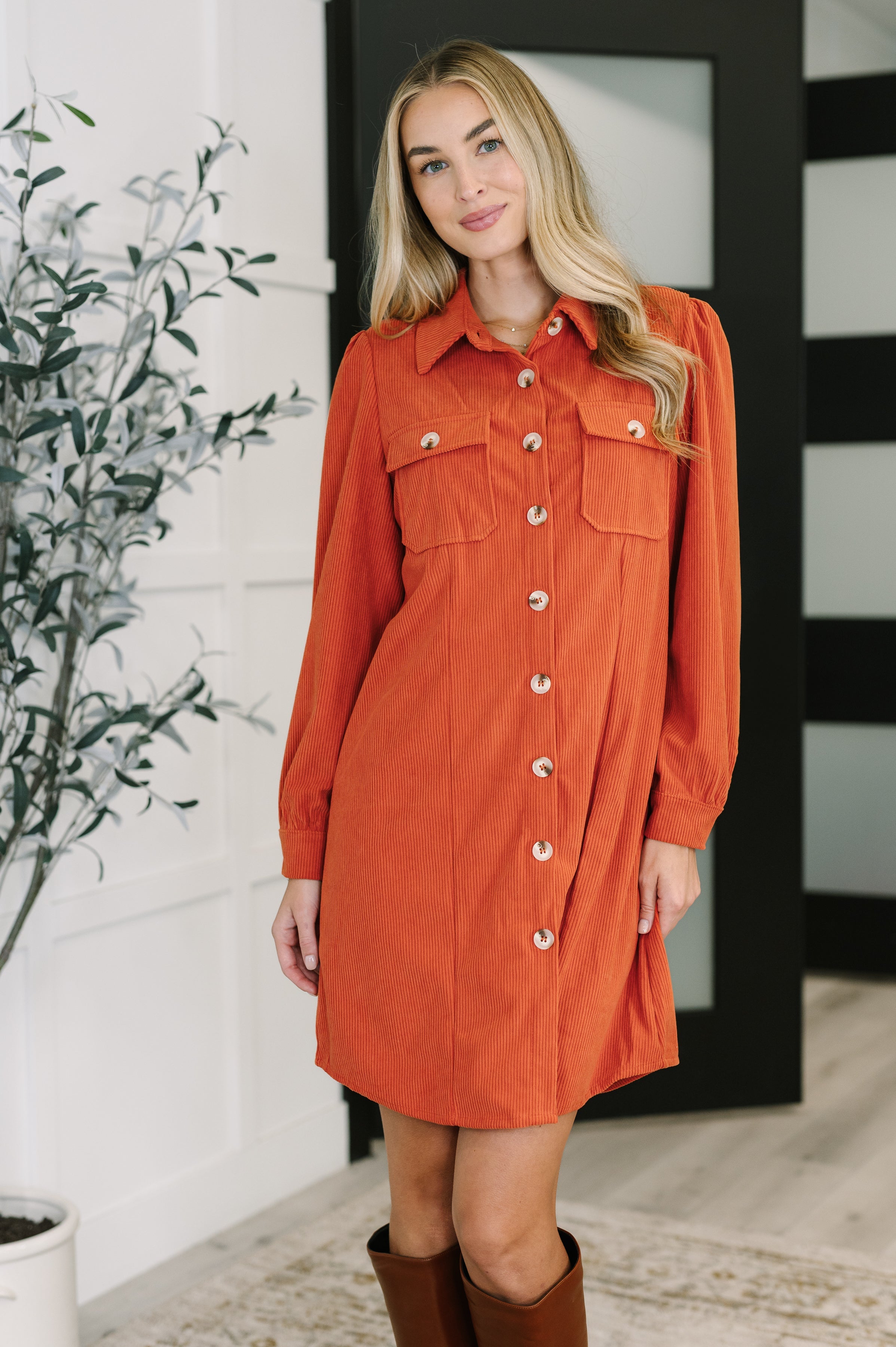 One Eleven North Clever in Corduroy Shirt Dress in Rust Womens